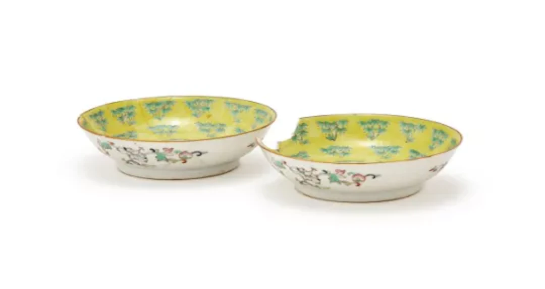 A pair of Chinese yellow-ground 'bamboo' dishes, Tongzhi mark and of the Period