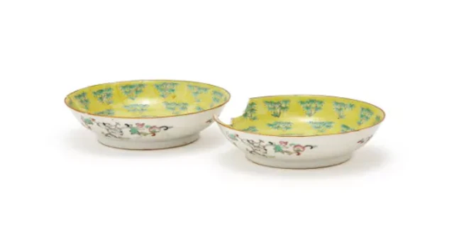 A pair of Chinese yellow-ground 'bamboo' dishes, Tongzhi mark and of the Period