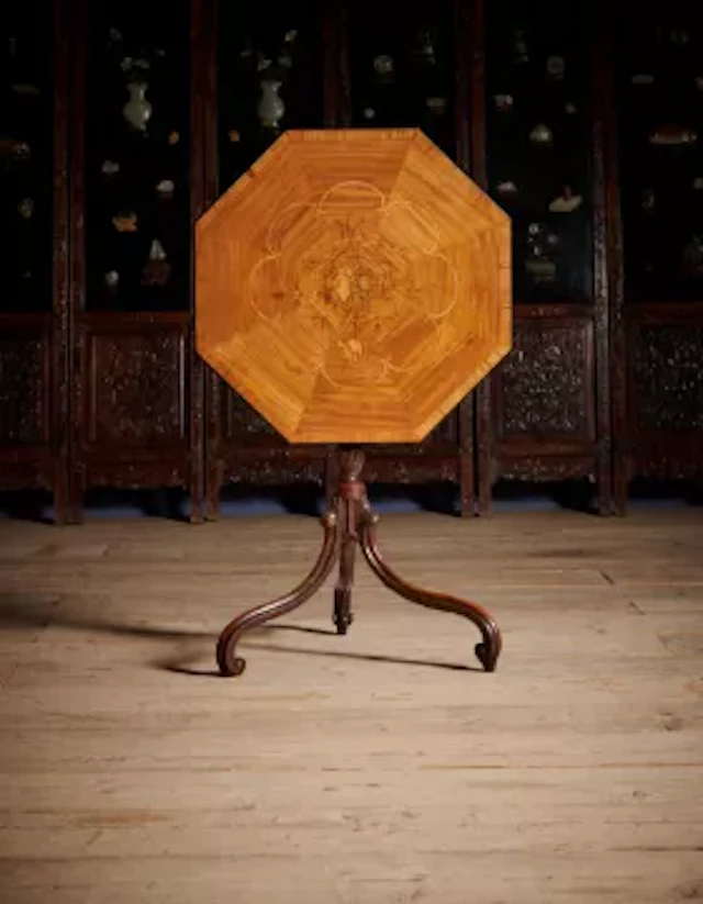 Y A GEORGE III SABICU, MAHOGANY AND MARQUETRY OCTAGONAL TRIPOD TABLE