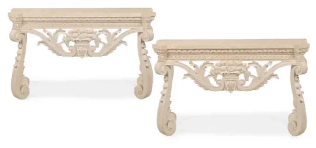 A PAIR OF CARVED WOOD AND GESSO PAINTED CONSOLE TABLES, IN THE MANNER