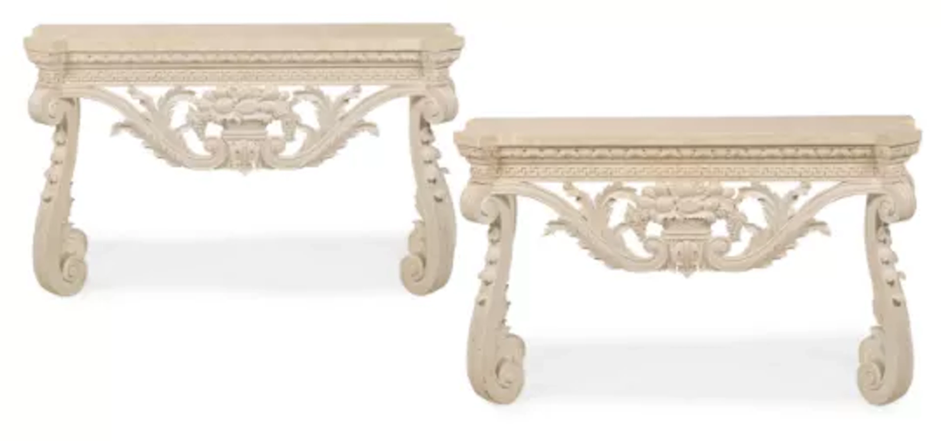 A PAIR OF CARVED WOOD AND GESSO PAINTED CONSOLE TABLES, IN THE MANNER