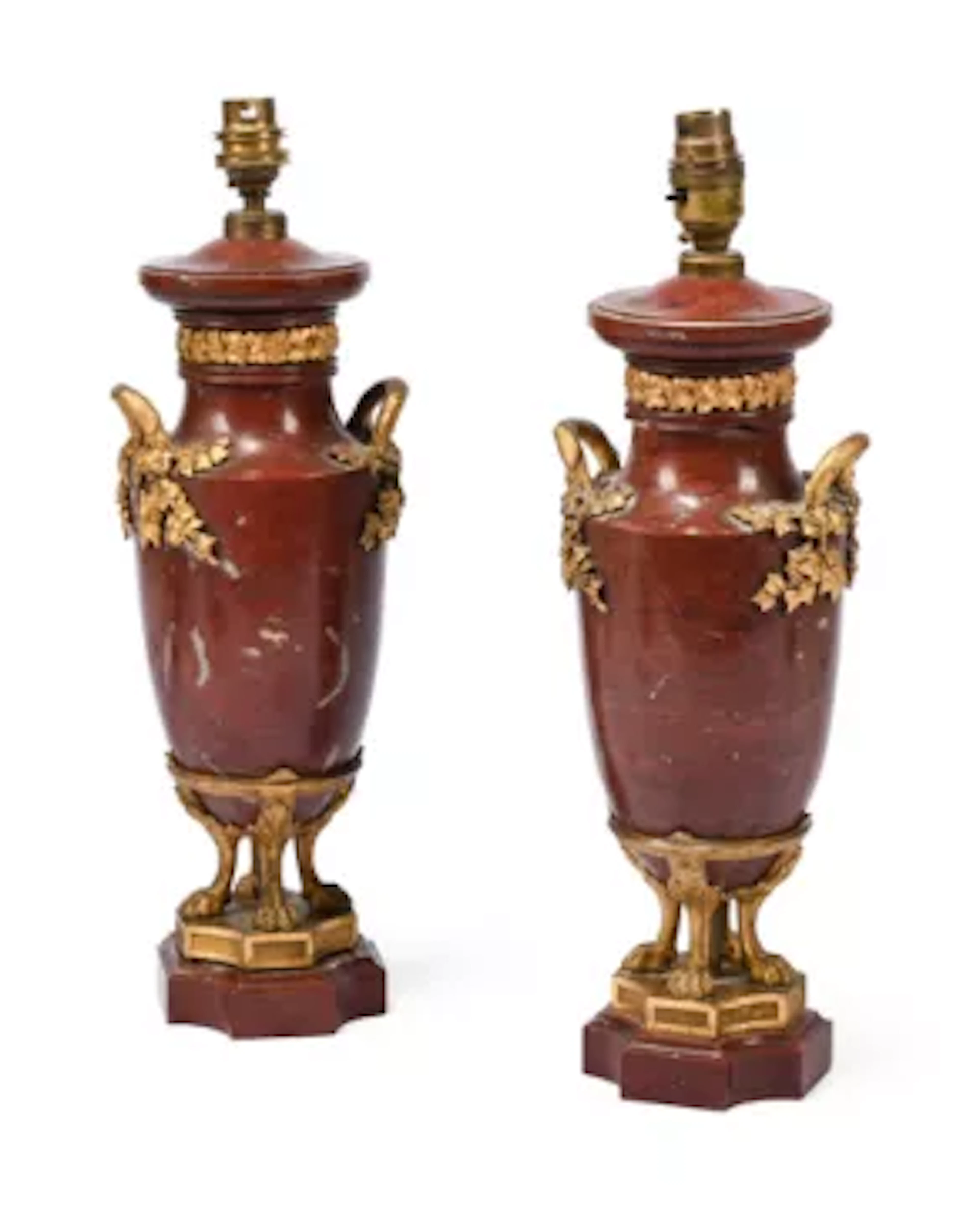 A PAIR OF ORMOLU-MOUNTED RED MARBLE BALUSTER URN TABLE LAMPS, LATE