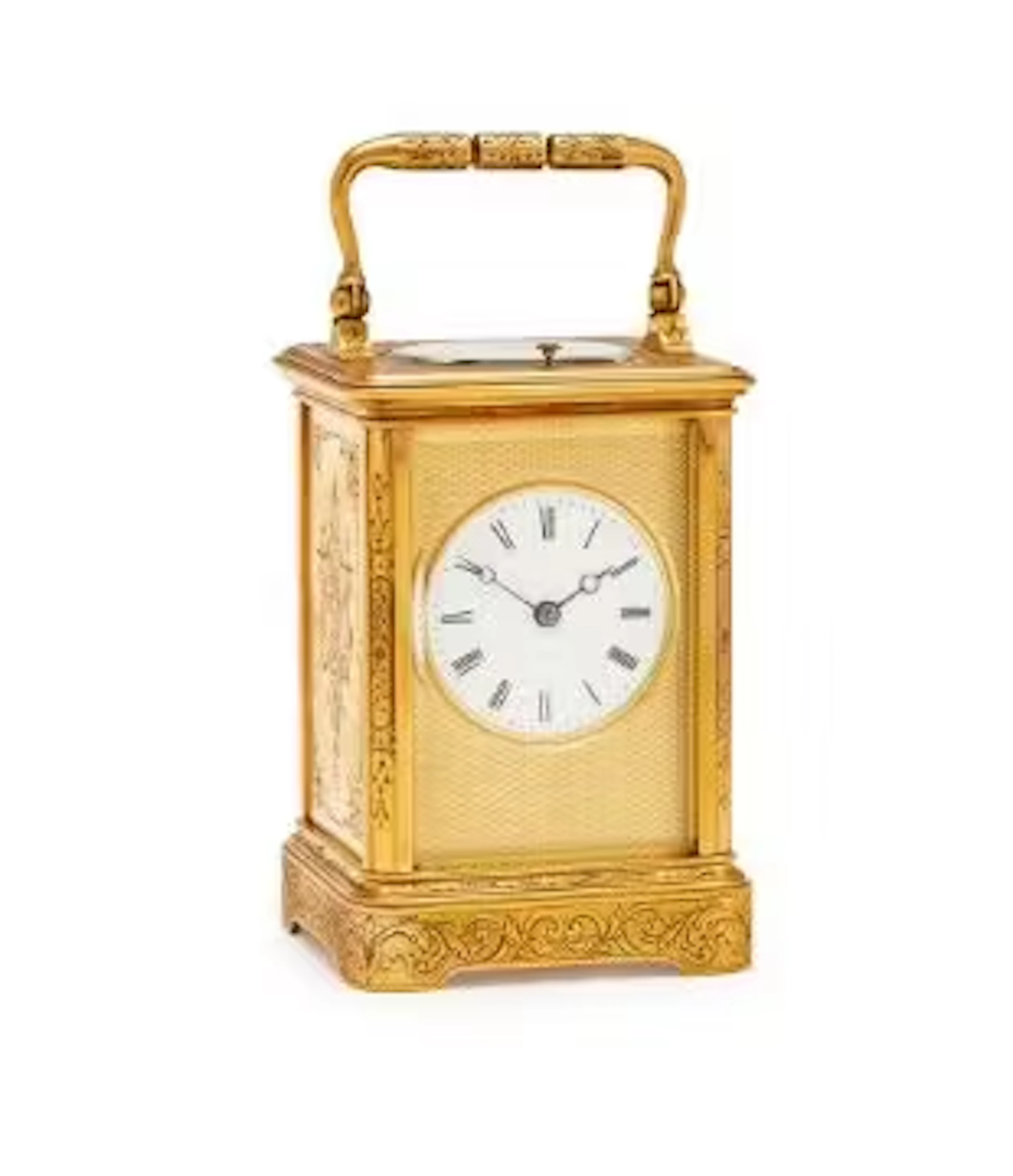 A FRENCH ENGRAVED GILT BRASS CARRIAGE CLOCK WITH PUSH-BUTTON REPEAT