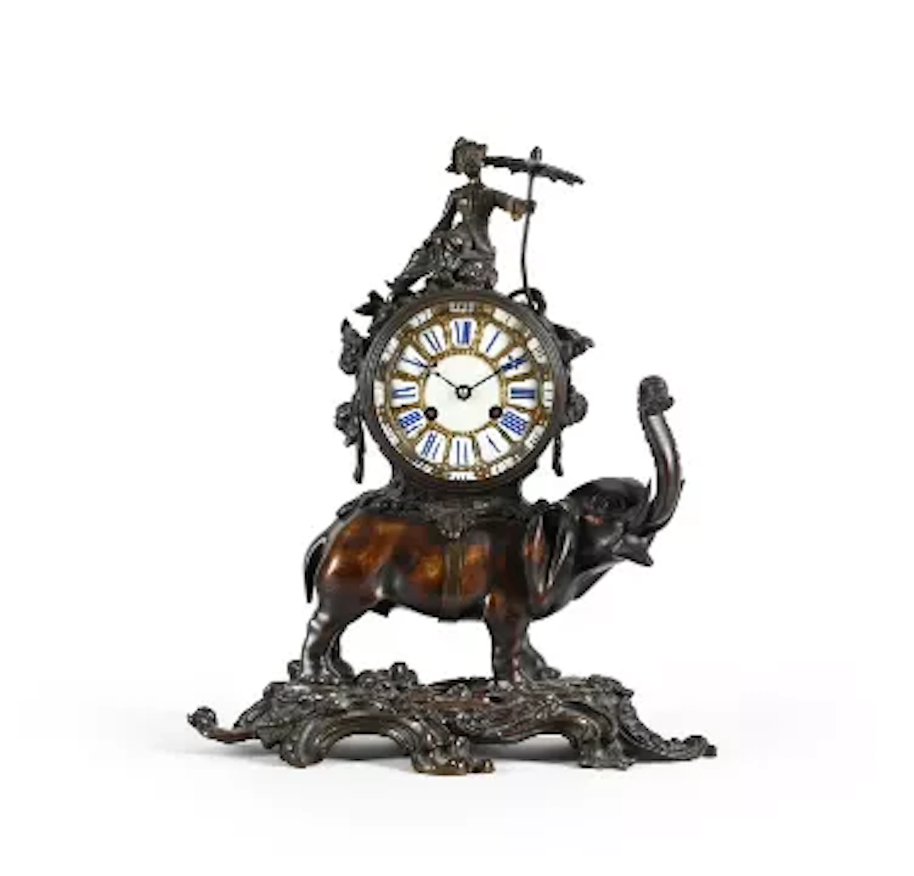 A FRENCH LOUIS XV STYLE PATINATED BRONZE MANTEL CLOCK 'PENDULE A L'ELEPHANT'