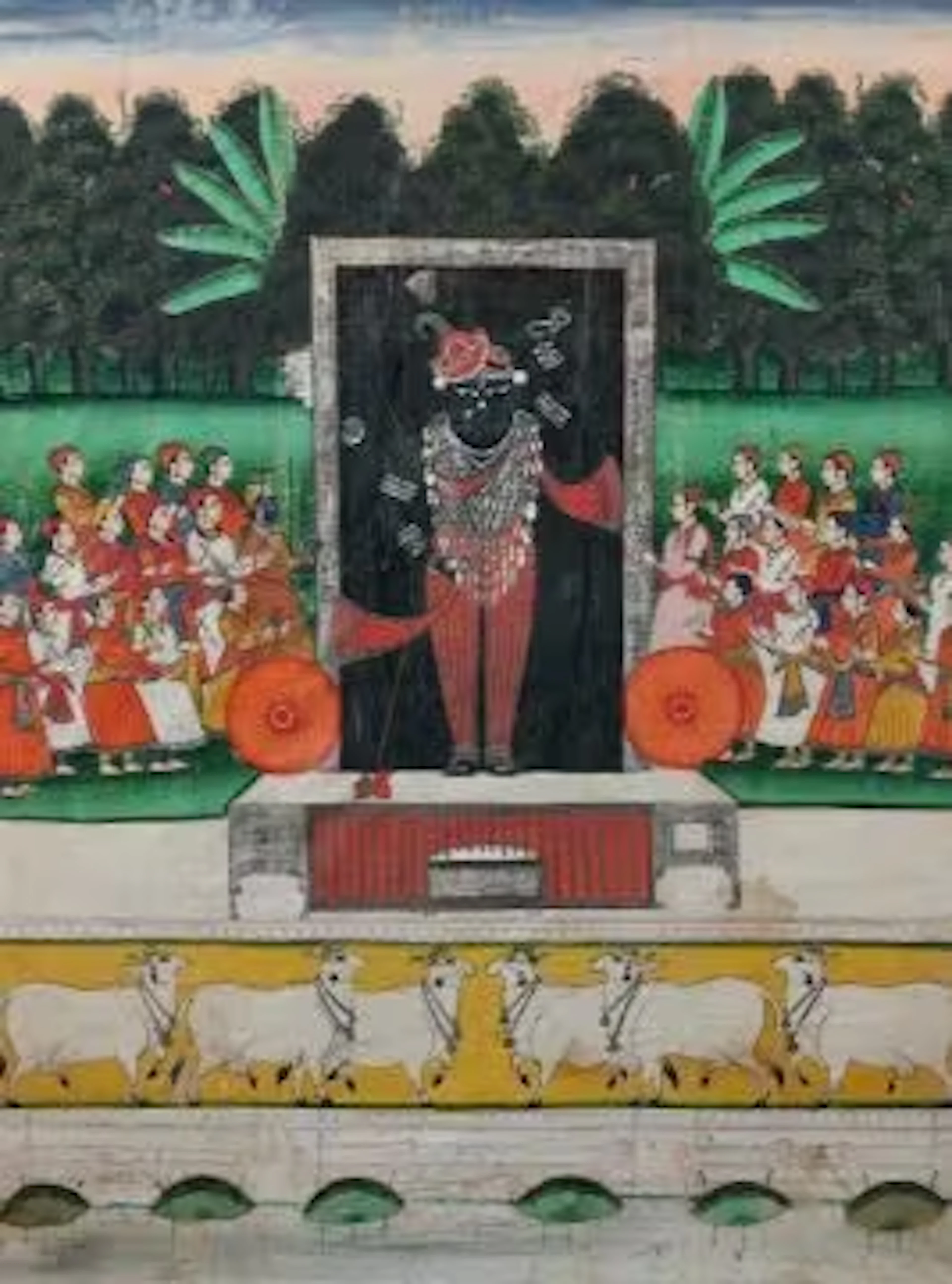 An Indian polychrome painted cloth hanging (pichhavai)