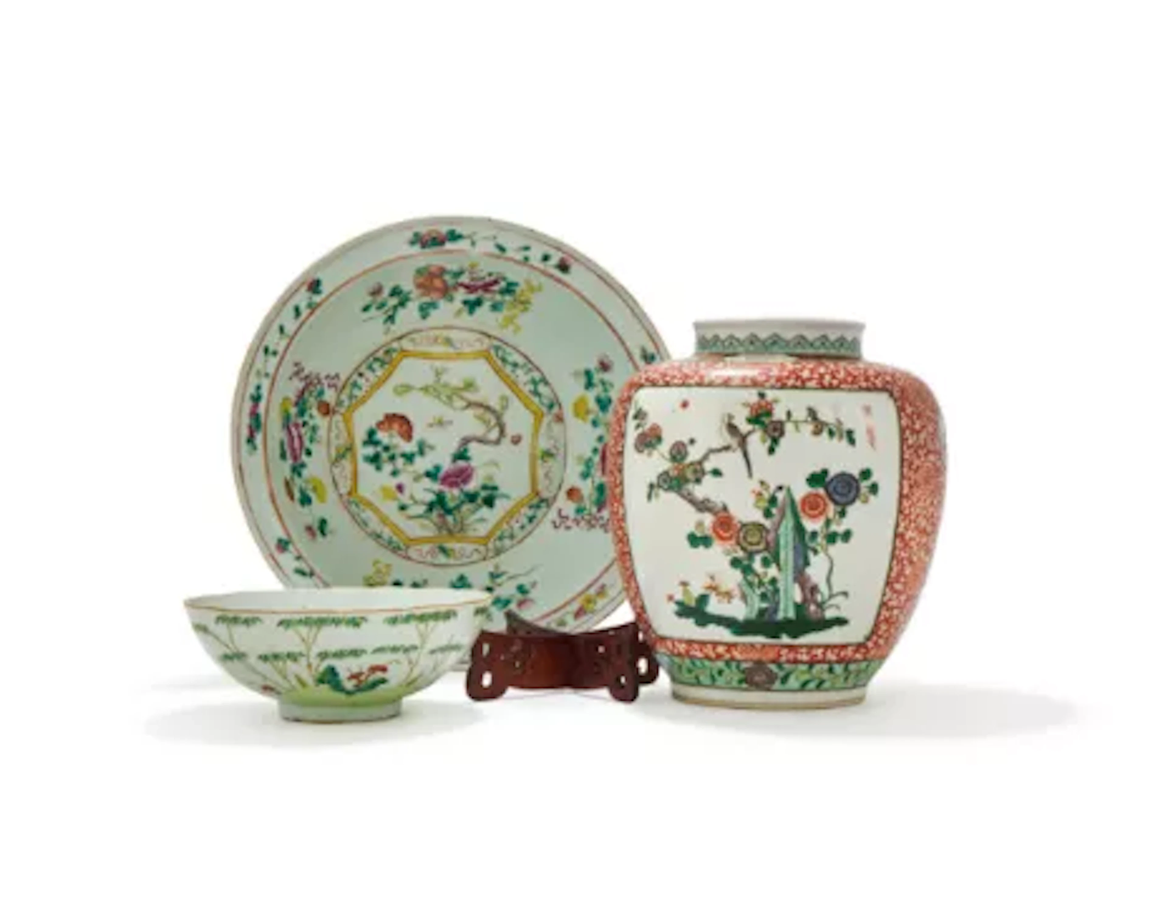 A group of two Chinese famille-rose bowls and a vase