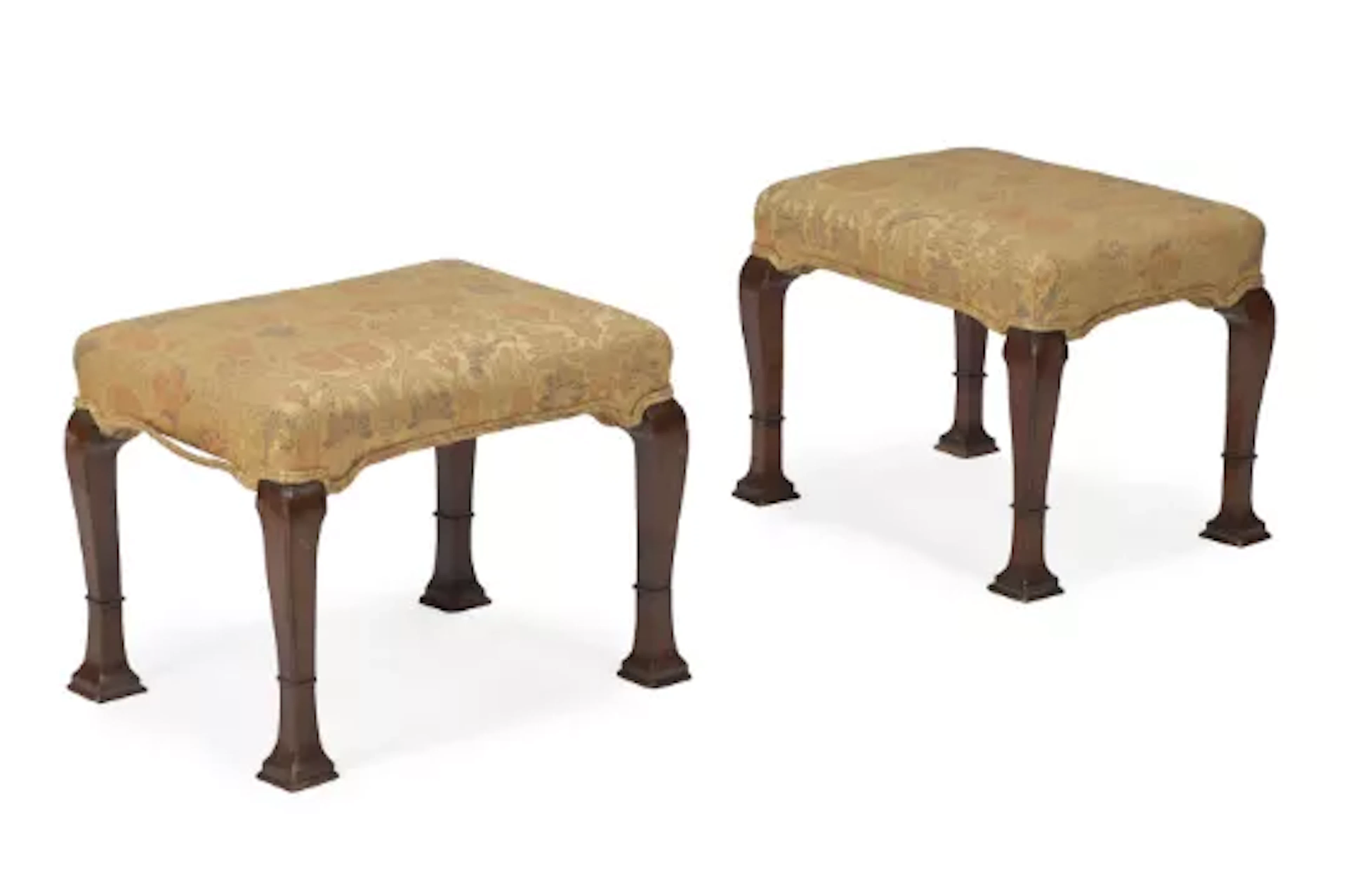 A PAIR OF MAHOGANY AND UPHOLSTERED STOOLS, IN GEORGE I STYLE, 19TH CENTURY