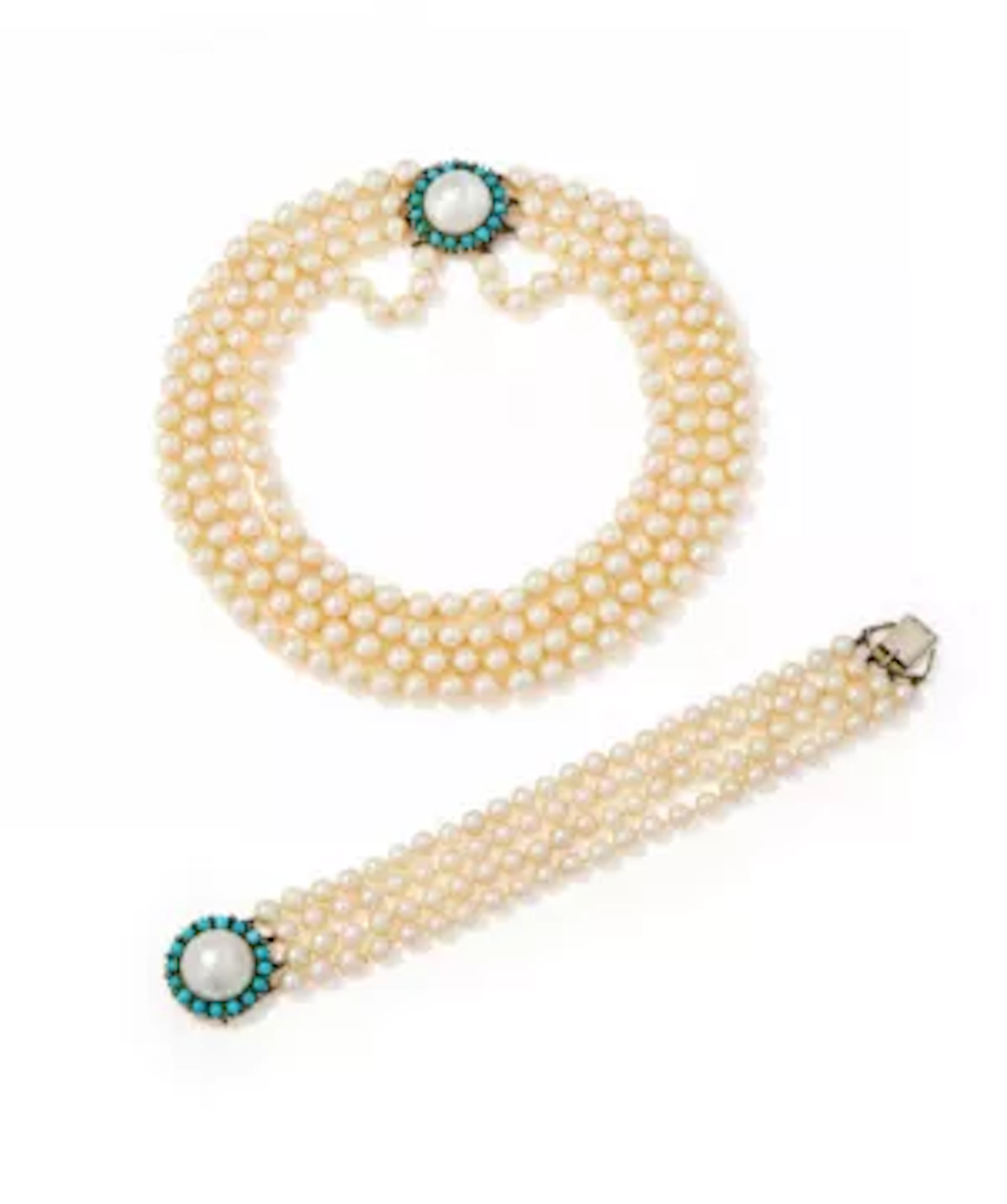 A CULTURED PEARL AND GEM SET NECKLACE AND BRACELET