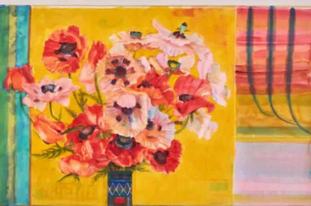 λ SIR ROBIN PHILIPSON (BRITISH 1916-1992), POPPIES ON A STRIPED CLOTH