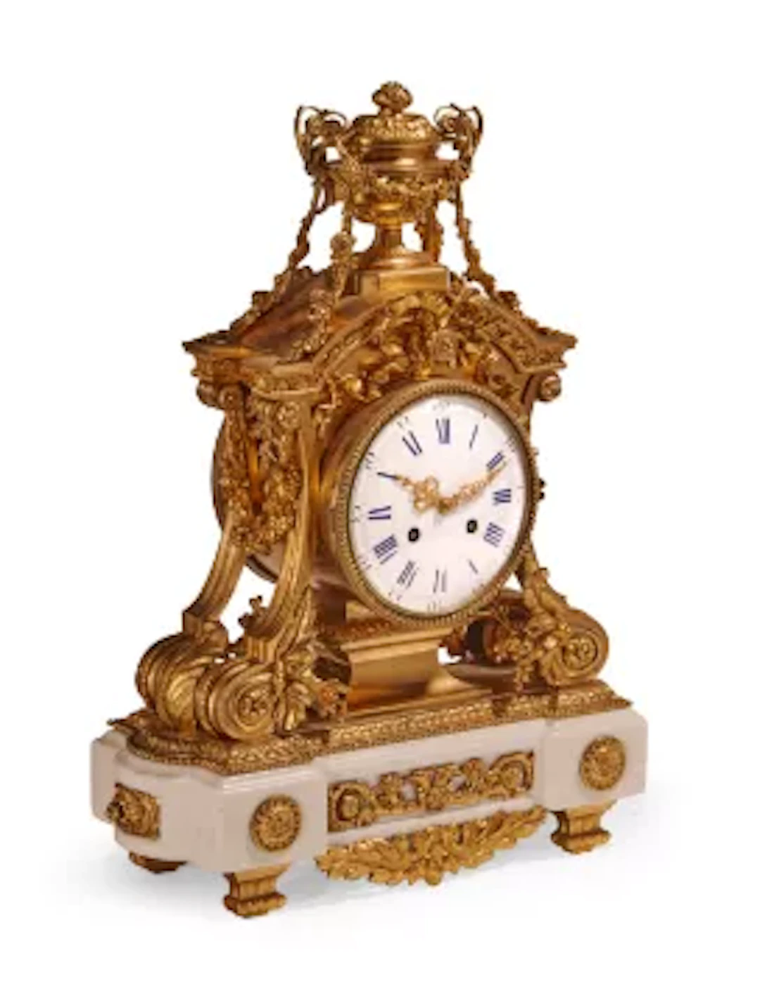 A, FRENCH GILT BRASS AND WHITE MARBLE MANTEL CLOCK