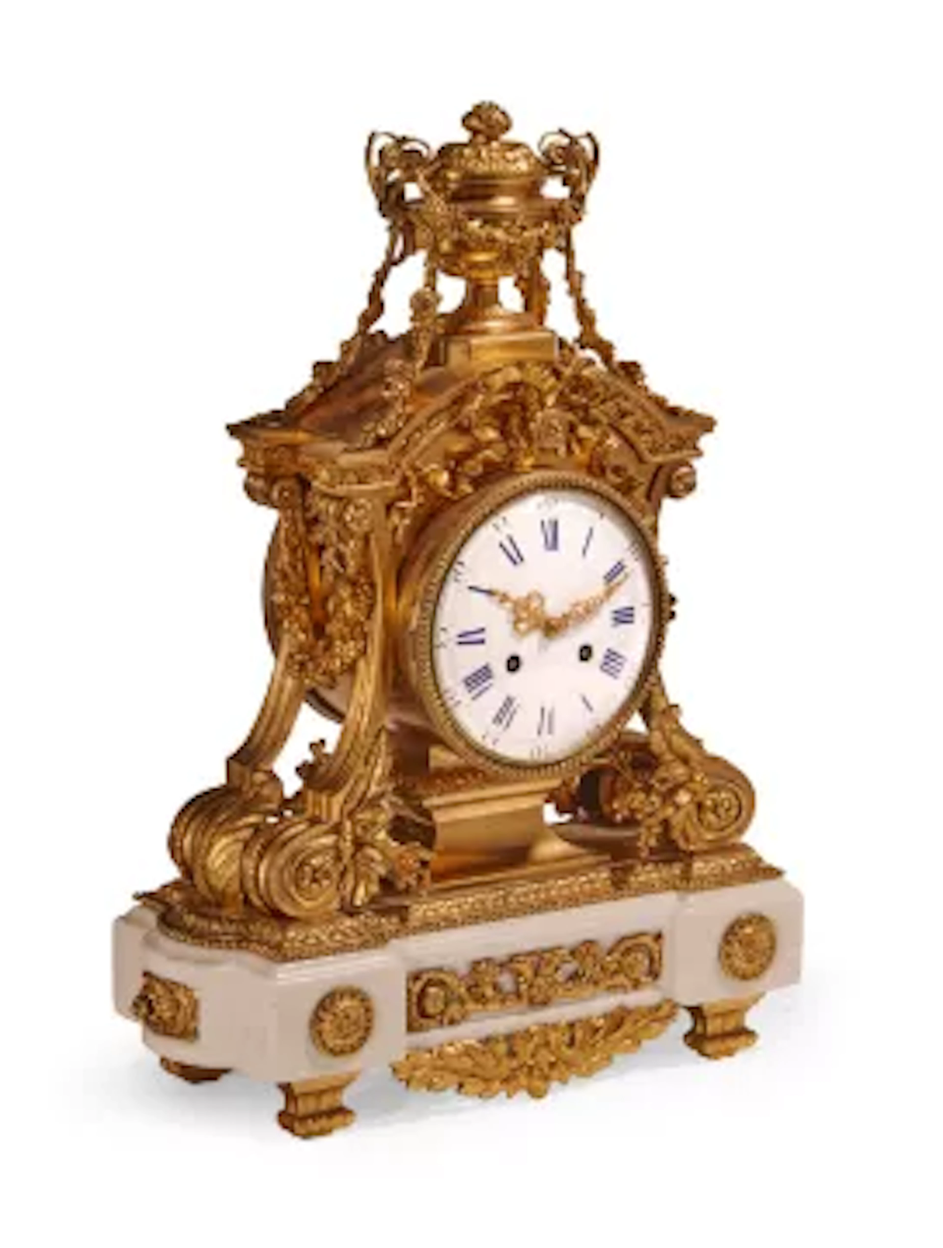 A, FRENCH GILT BRASS AND WHITE MARBLE MANTEL CLOCK