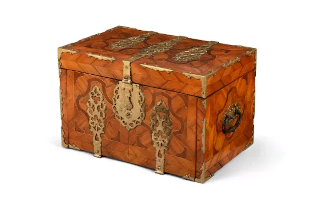 A WILLIAM & MARY WALNUT, PARQUETRY AND GILT METAL MOUNTED STRONGBOX