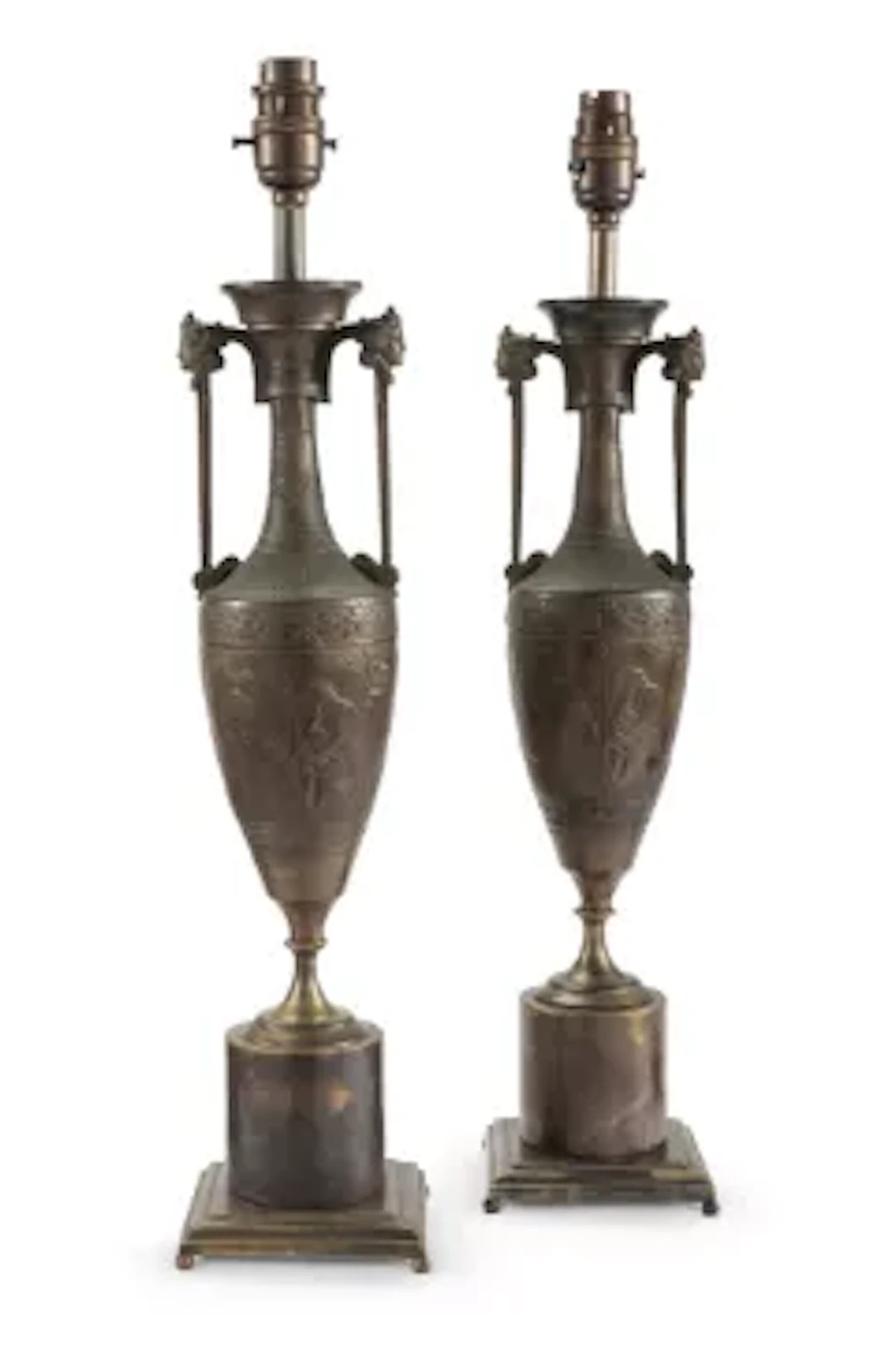 A PAIR OF BRONZE TWIN HANDLED TABLE LIGHTS, CAST BY BARBEDIENNE AFTER