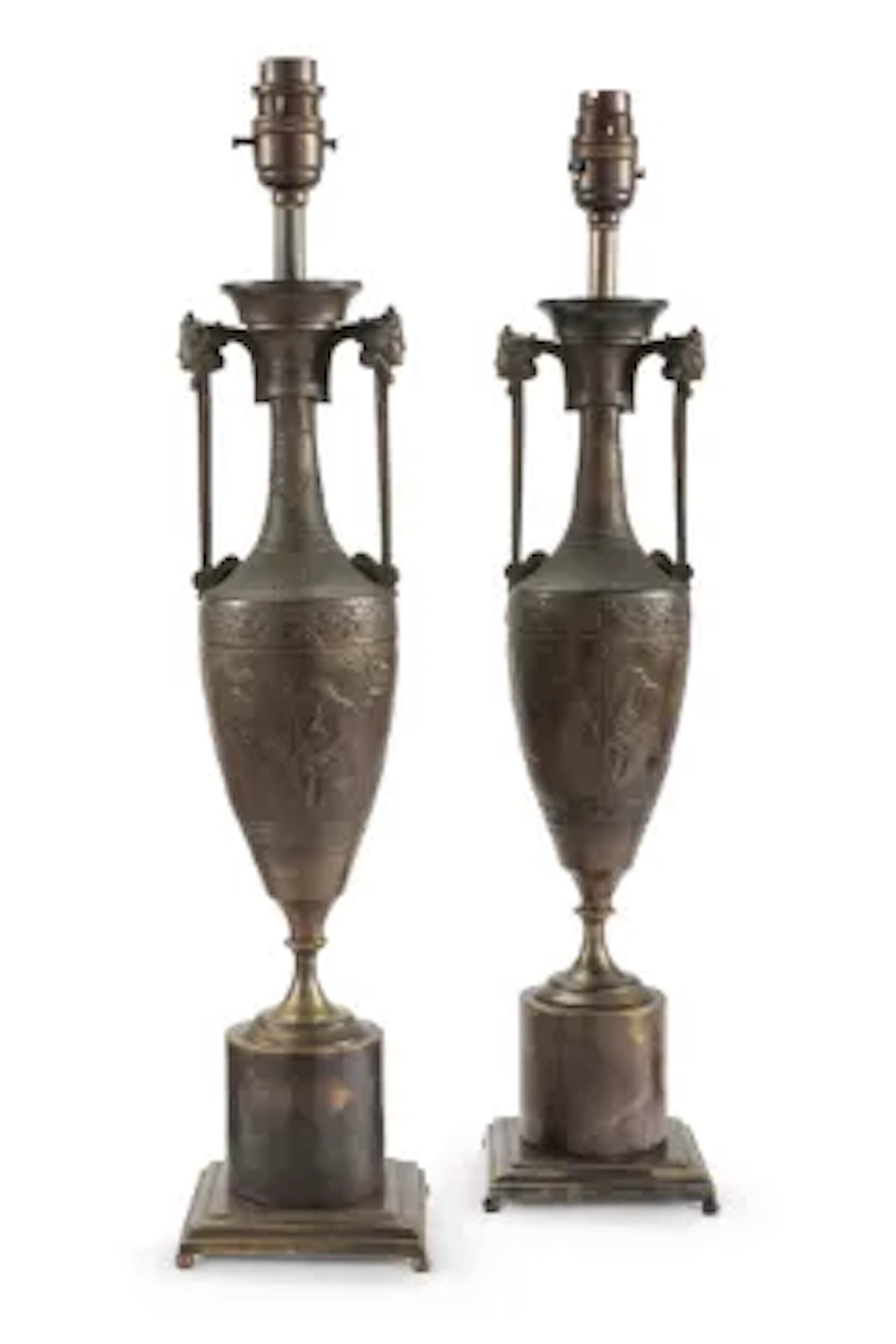 A PAIR OF BRONZE TWIN HANDLED TABLE LIGHTS, CAST BY BARBEDIENNE AFTER