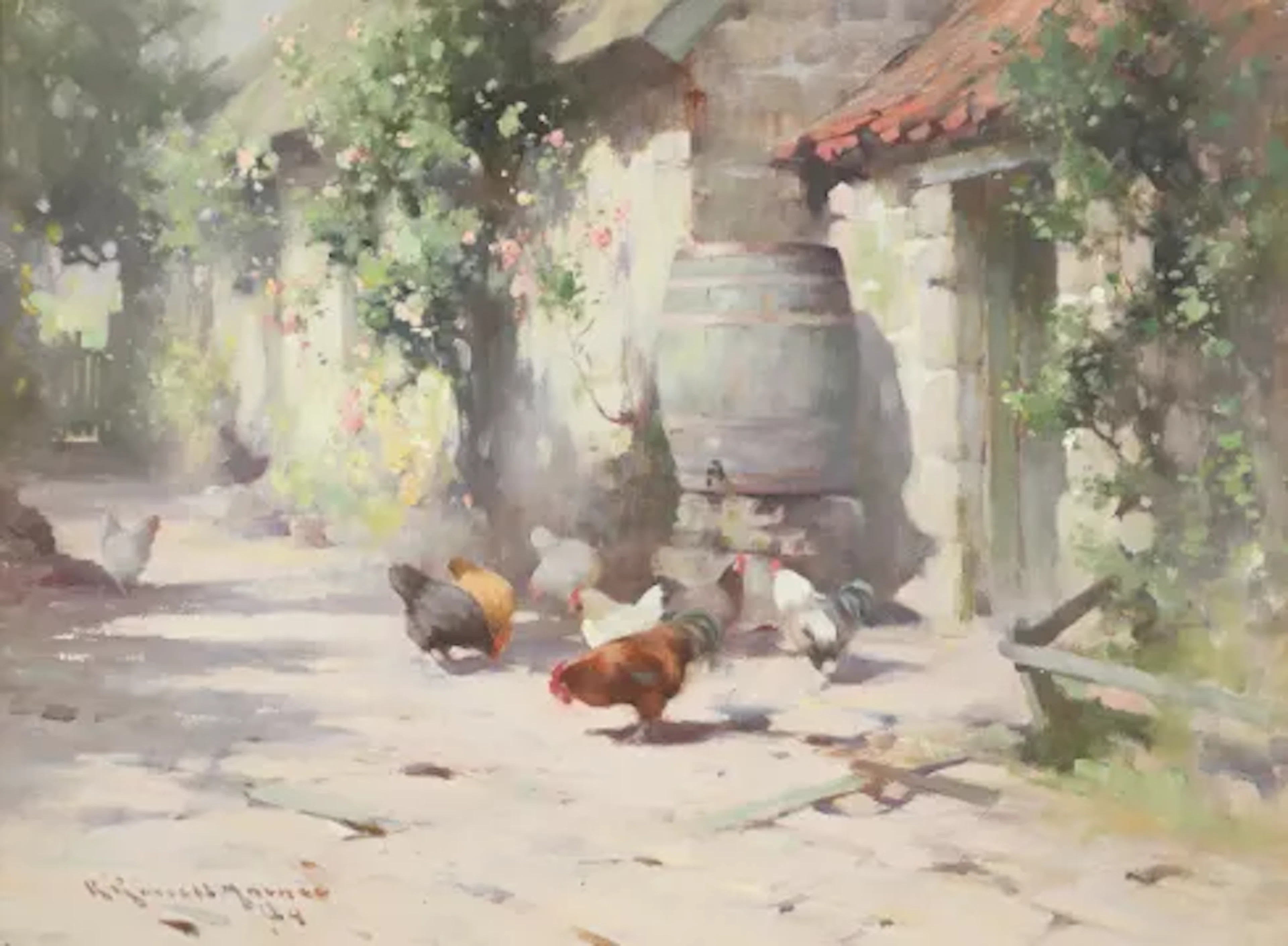 ROBERT RUSSELL MCNEE (BRITISH 1880-1952), CHICKENS FEEDING IN THE YARD