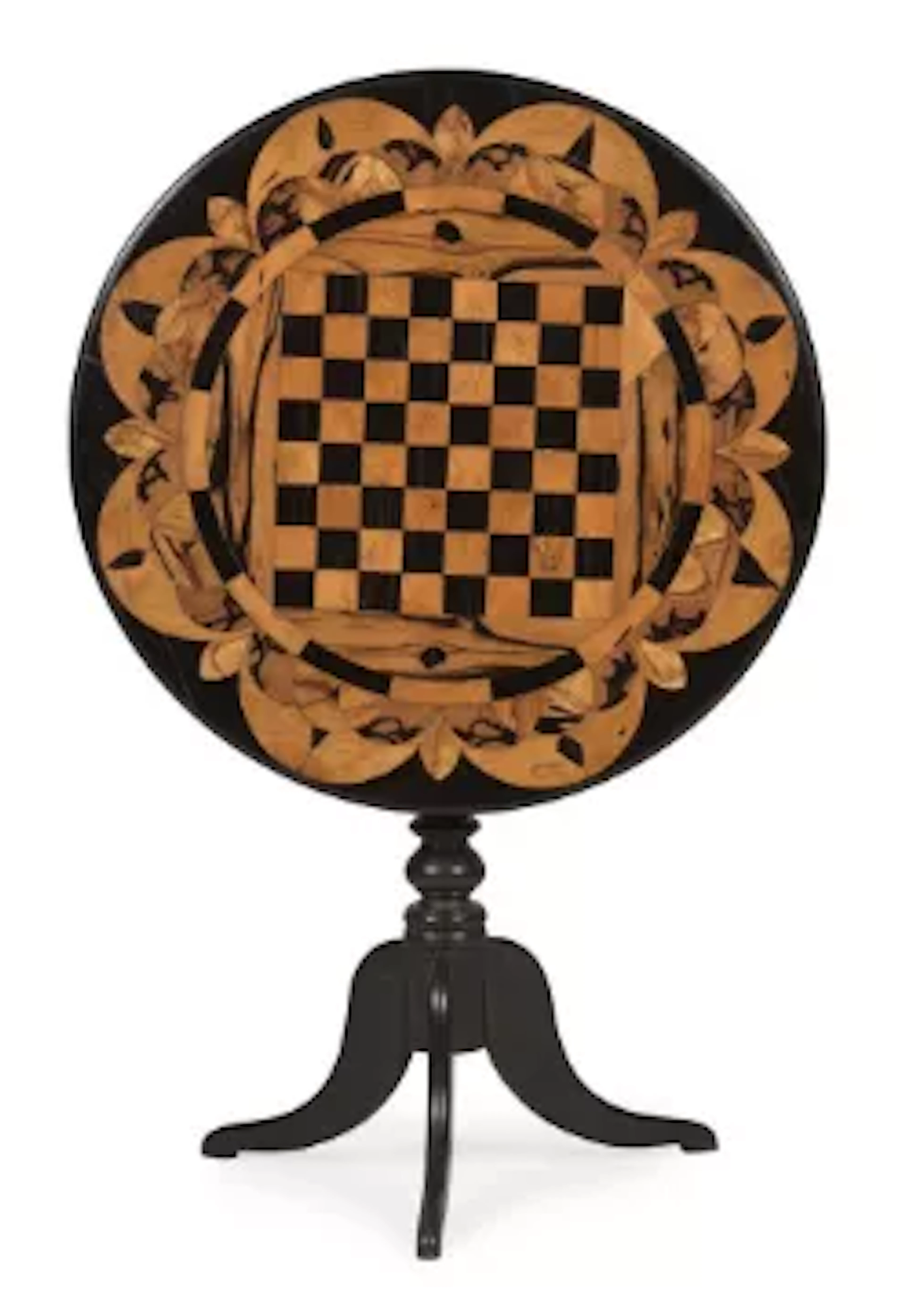 Y AN EBONY AND SPECIMEN MARQUETRY TRIPOD OCCASSIONAL GAMES TABLE
