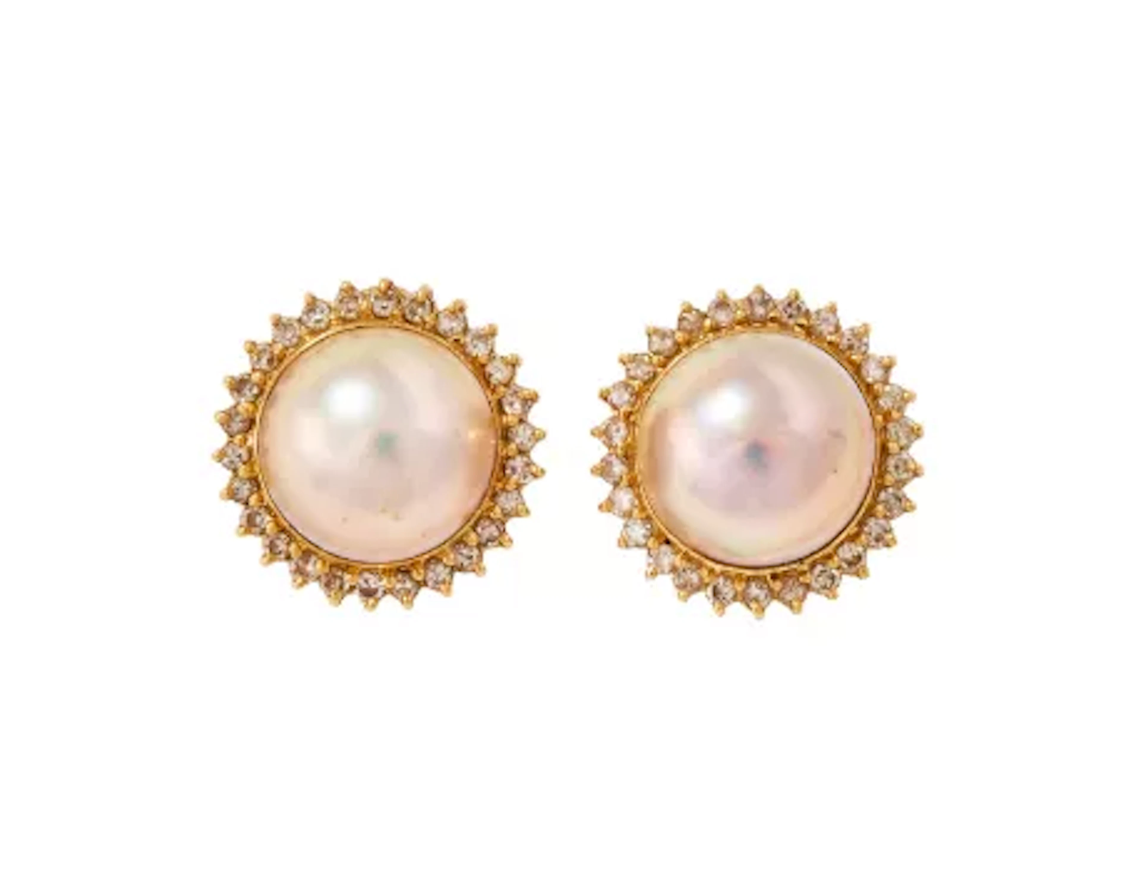 A PAIR OF MABÉ PEARL AND DIAMOND CLUSTER EARRINGS