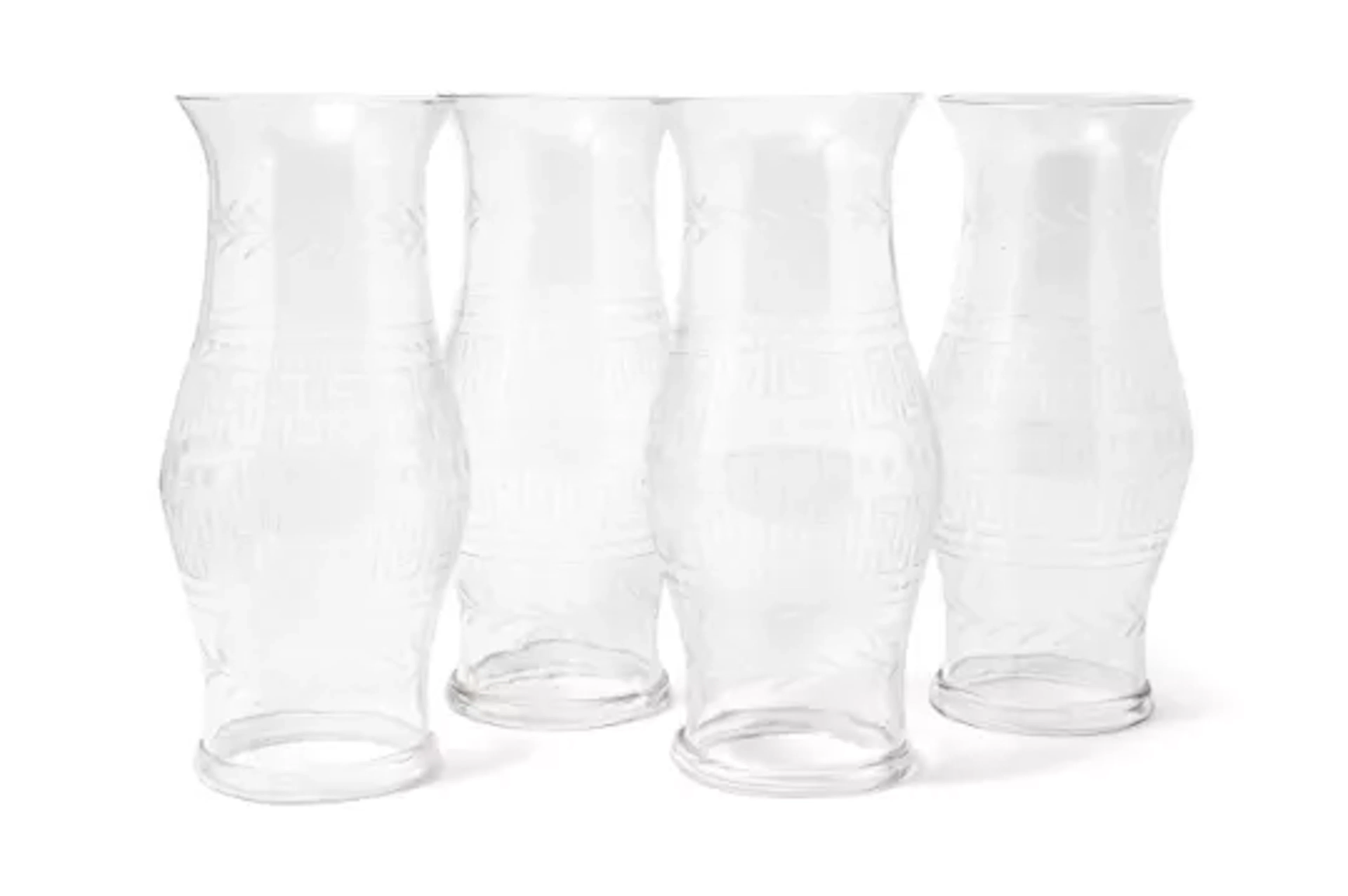 A SET OF FOUR ETCHED GLASS HURRICANE SHADES, CONTEMPORARY