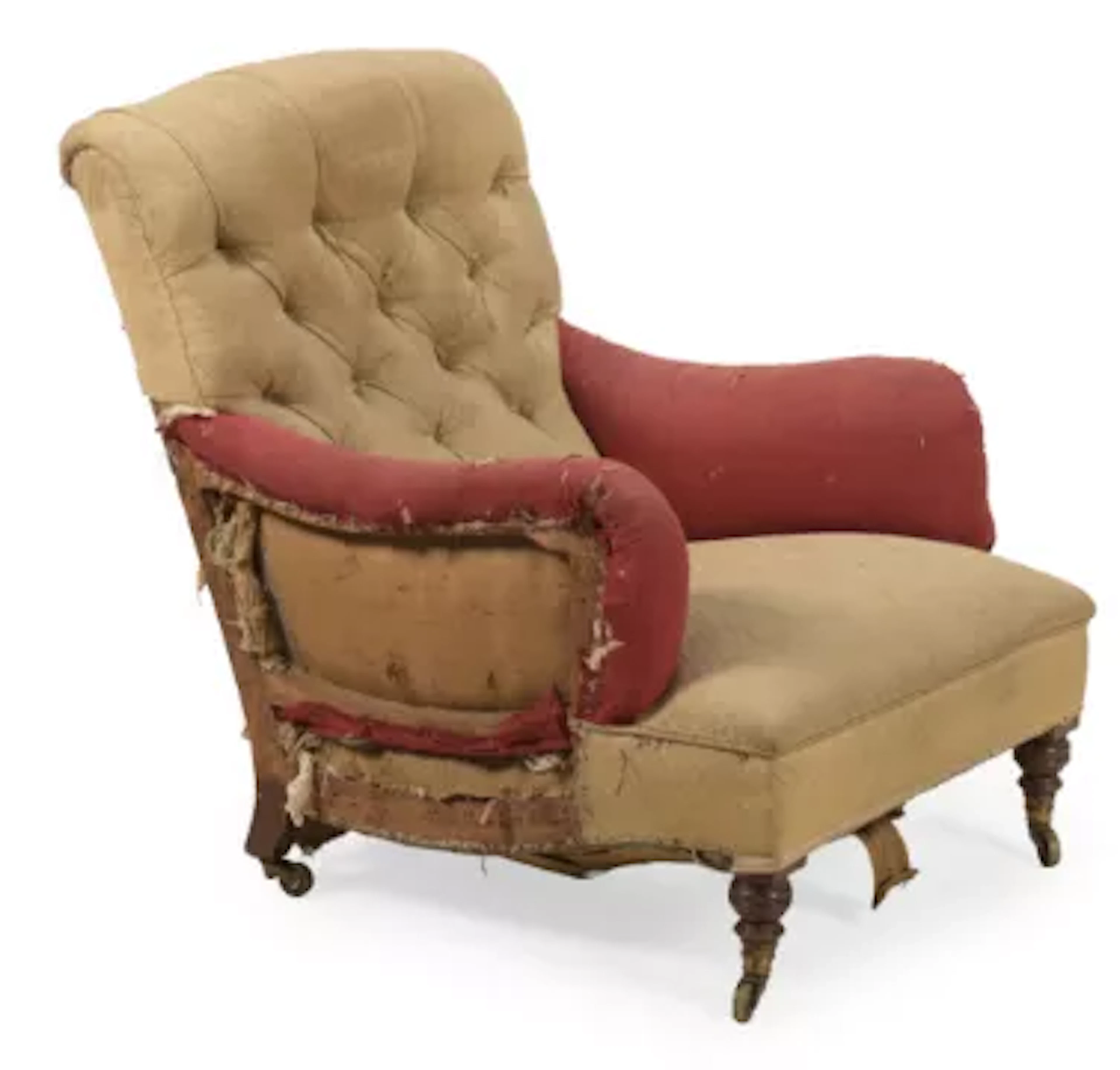 A VICTORIAN WALNUT AND UPHOLSTERED ARMCHAIR, BY HOWARD & SONS LTD.