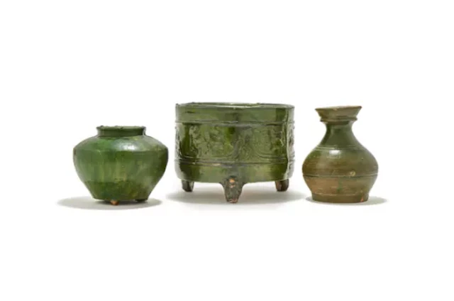 A Chinese green lead glazed tripod censer, Han Dynasty (202 BC-220 AD)