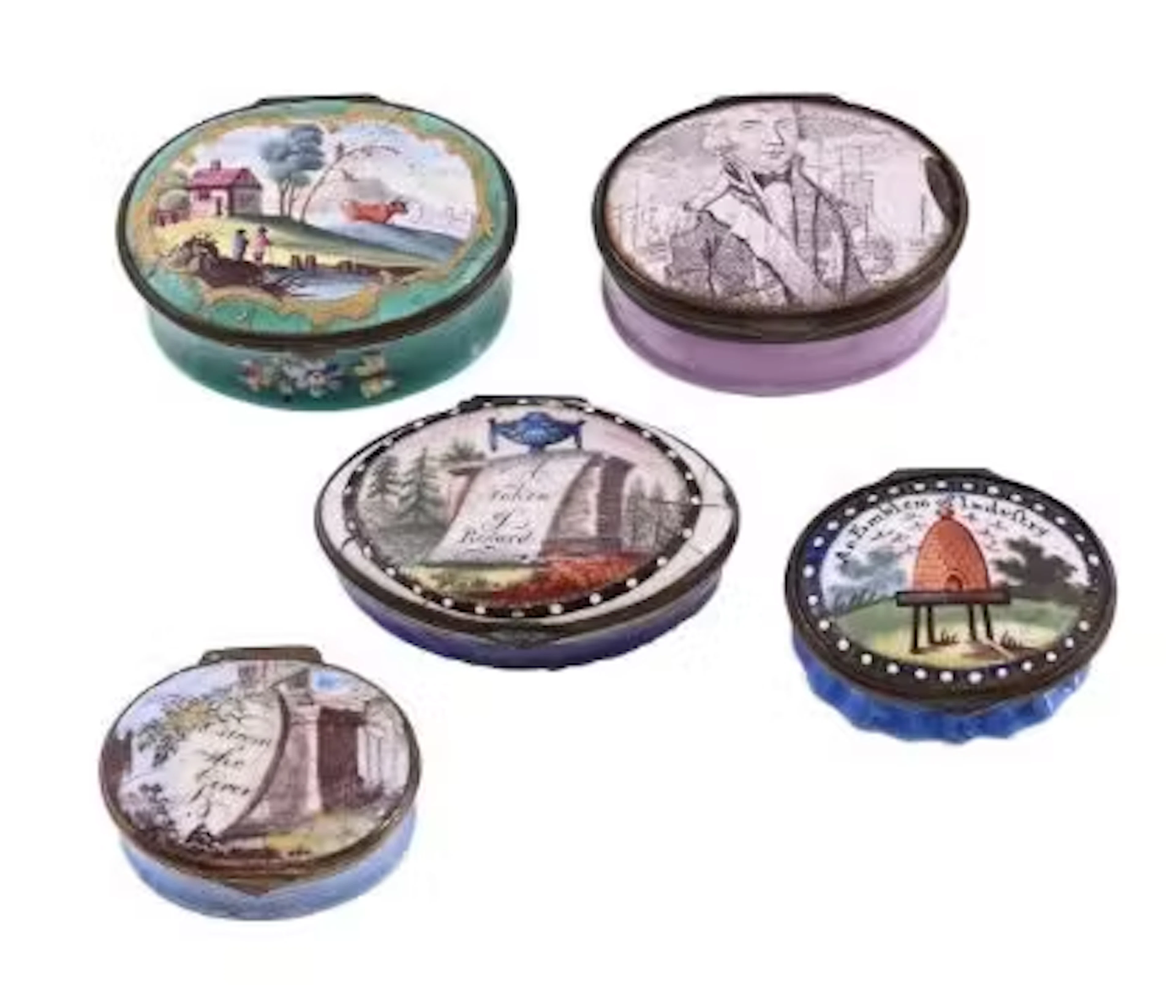 FIVE SOUTH STAFFORDSHIRE ENAMEL BOXES
