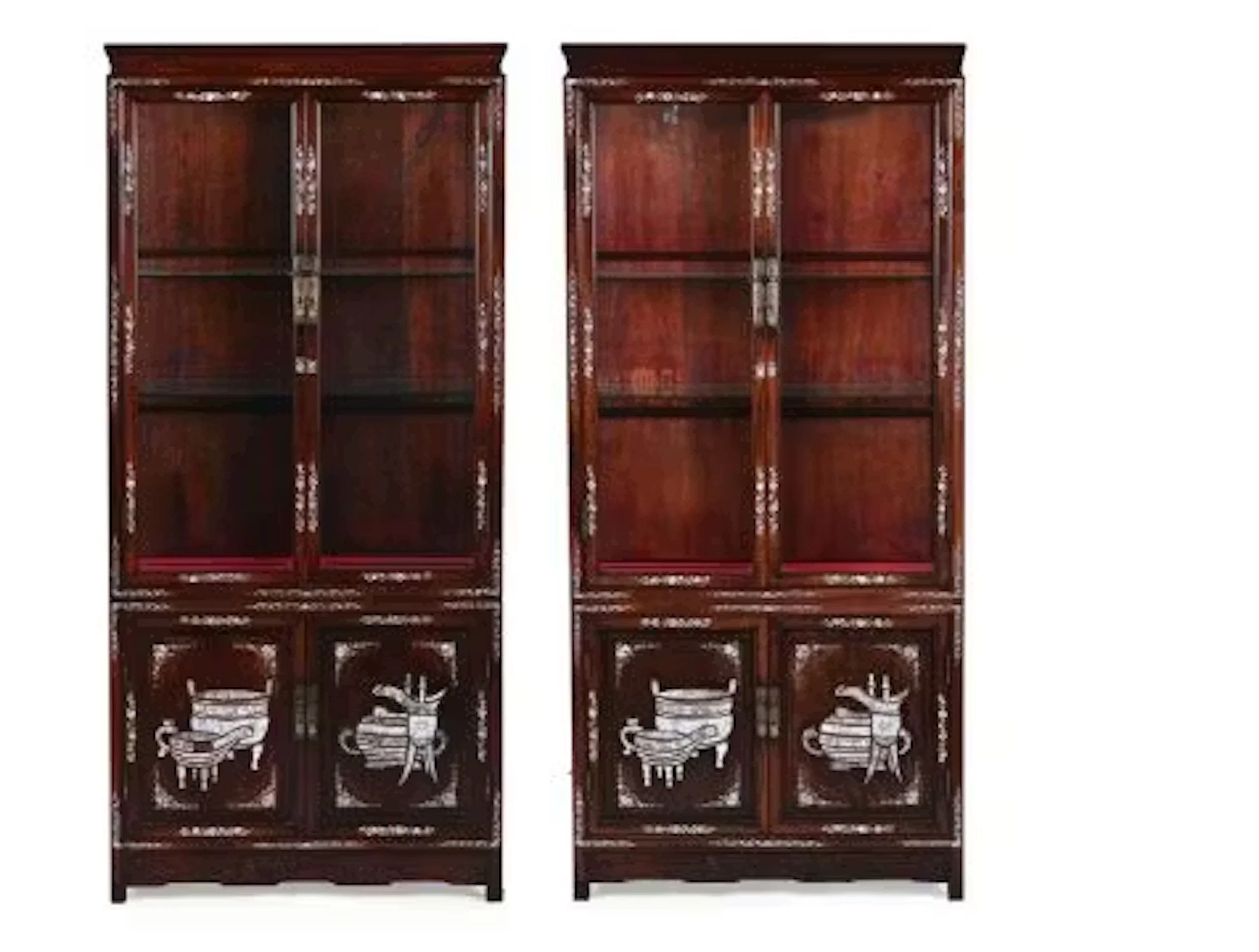 Y A PAIR OF CHINESE MOTHER-OF-PEARL INLAID HARDWOOD CABINETS, LATE