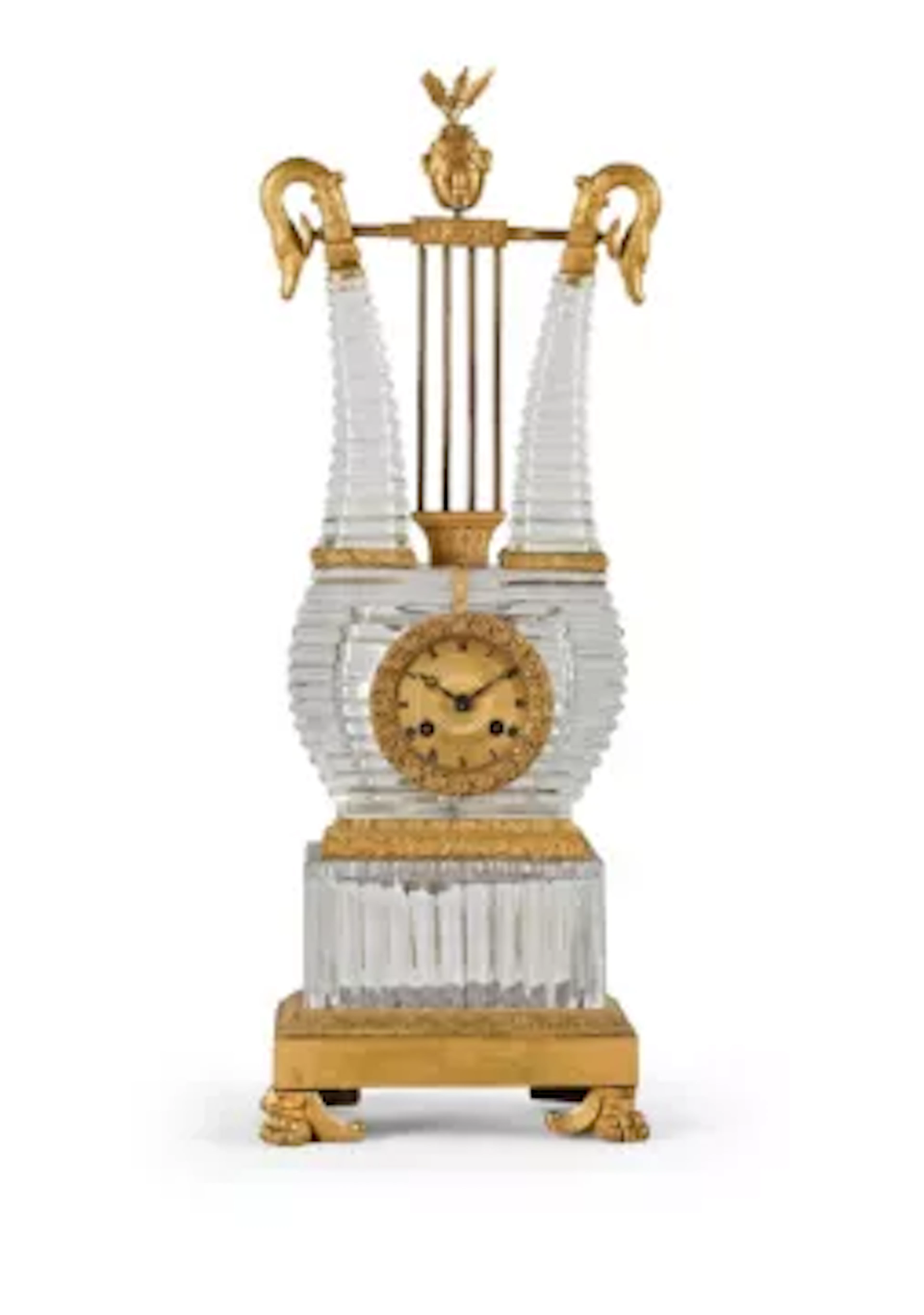 A FINE FRENCH RESTAURATION ORMOLU AND CUT VONECHE CRYSTAL LYRE-SHAPED