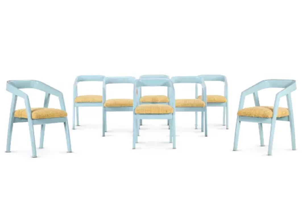 A SET OF EIGHT 'ART DECO' BLUE PAINTED ARMCHAIRS, INDIAN, MID 20TH CENTURY