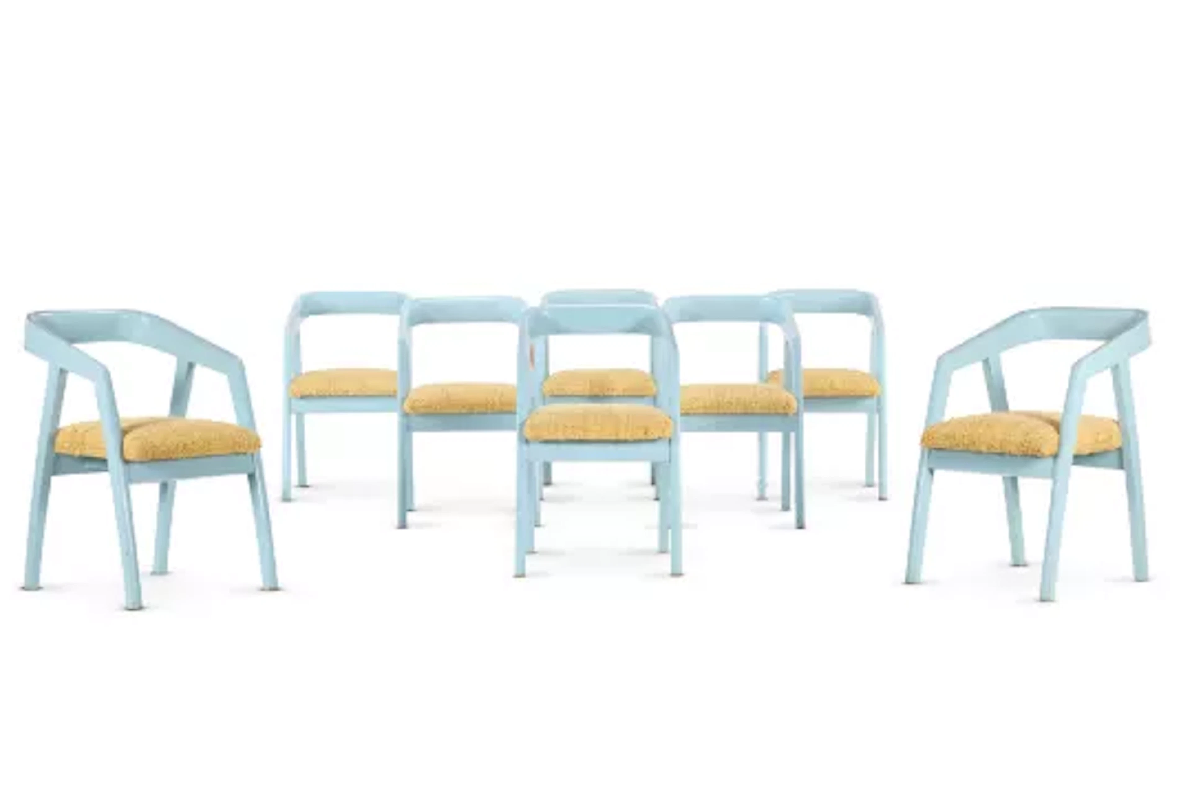 A SET OF EIGHT 'ART DECO' BLUE PAINTED ARMCHAIRS, INDIAN, MID 20TH CENTURY