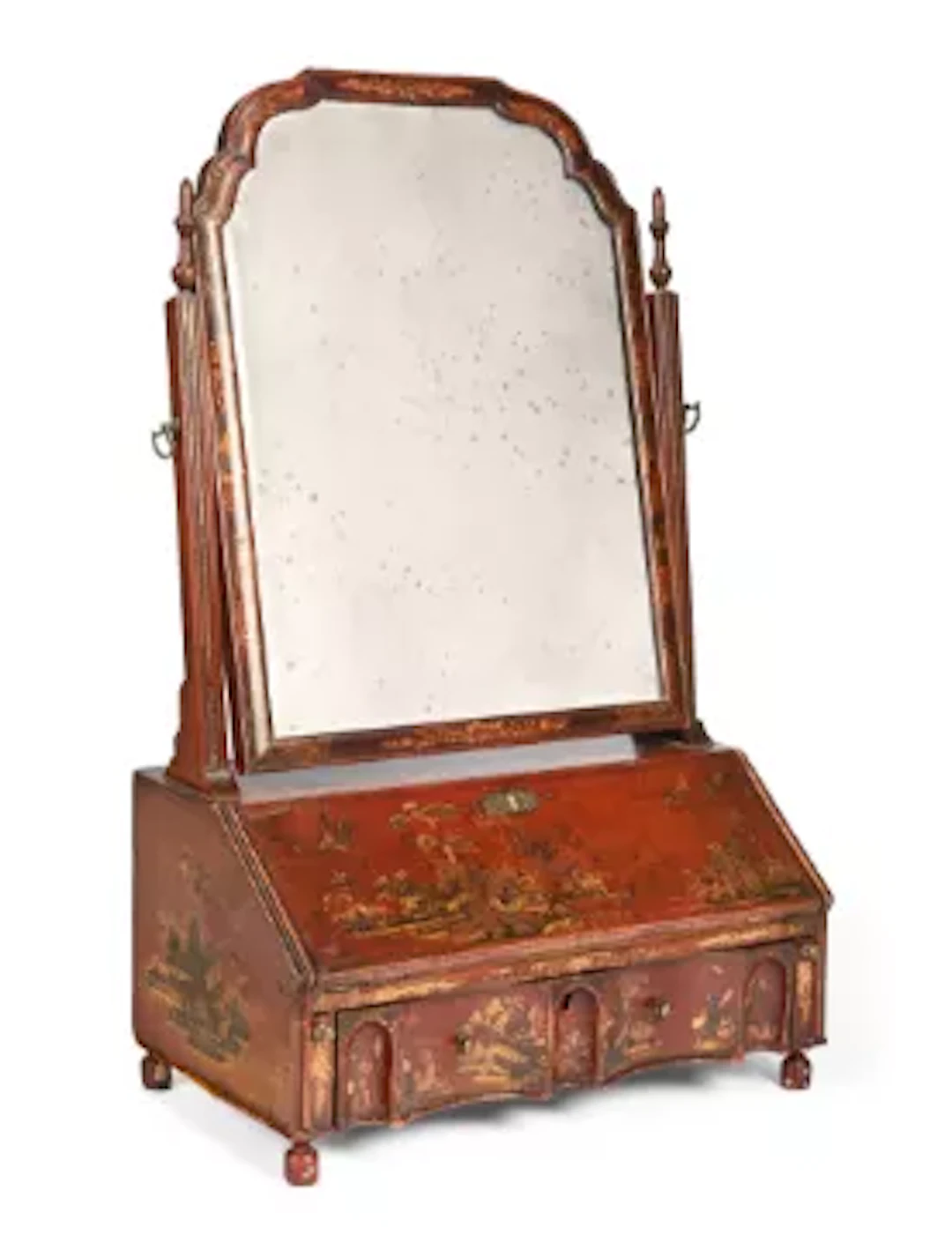 A QUEEN ANNE RED LACQUER AND CHINOISERIE DECORATED DRESSING MIRROR, CIRCA 1710