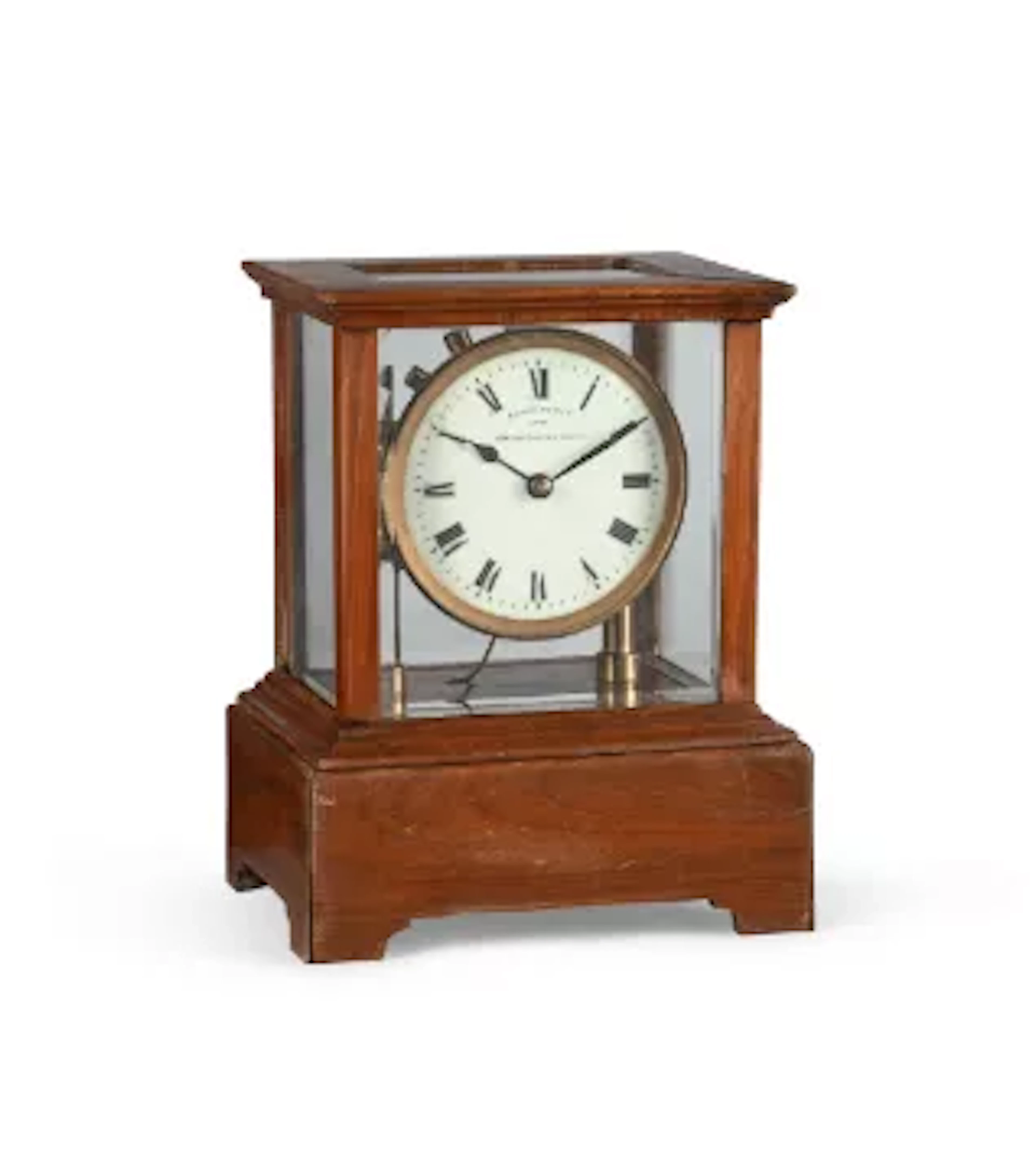 A WALNUT FIVE-GLASS CASED BRASS ELECTROMAGNETIC BALANCE MANTEL TIMEPIECE