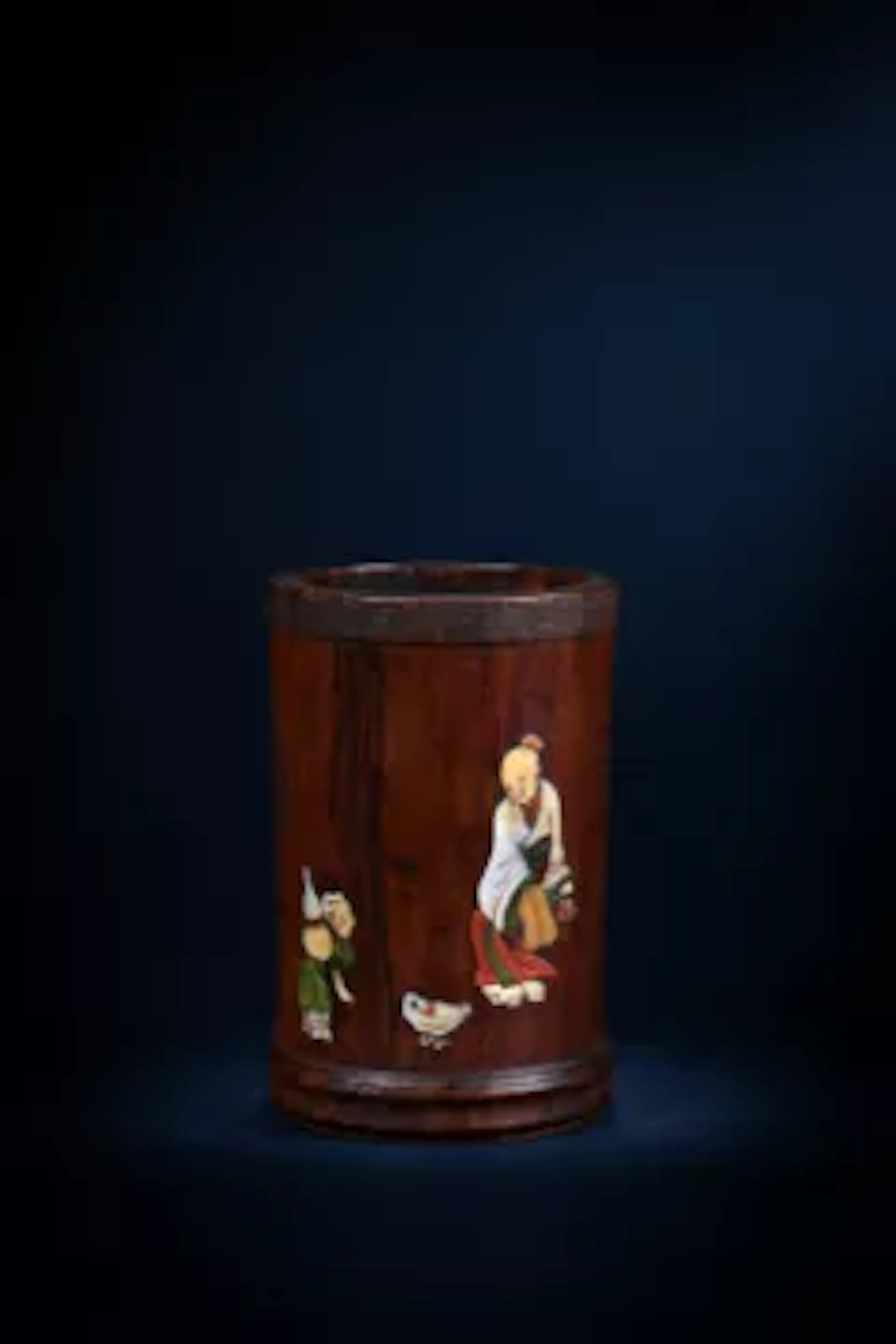 Y A Chinese huanghuali and soapstone inlaid brushpot, 18th century