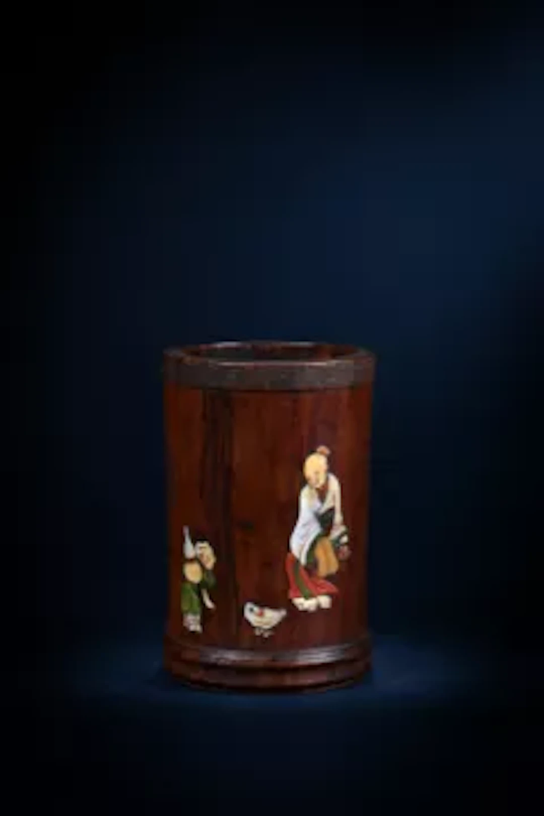 Y A Chinese huanghuali and soapstone inlaid brushpot, 18th century