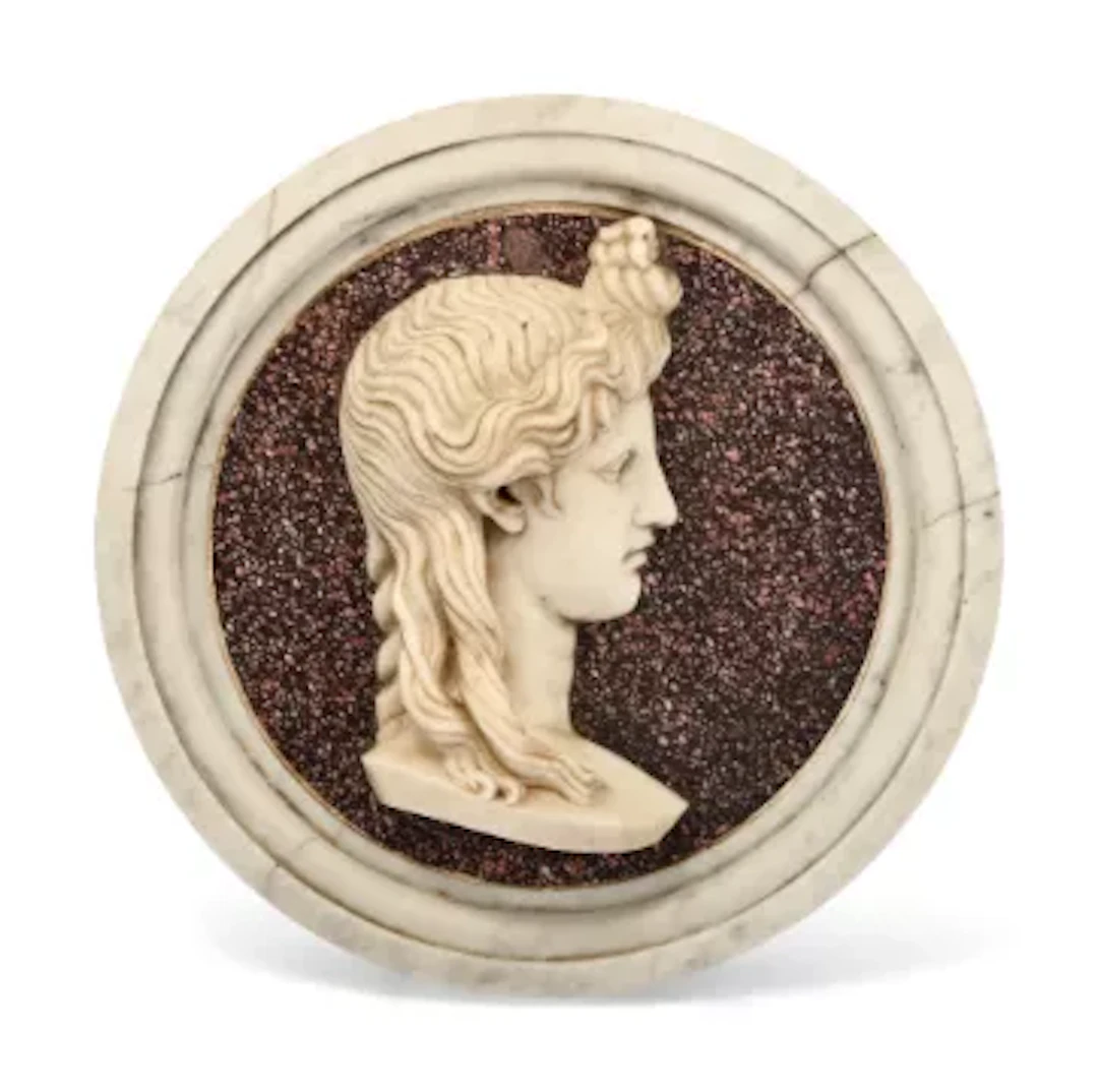 AN ITALIAN GRAND TOUR WHITE MARBLE AND PORPHYRY PROFILE RELIEF PORTRAIT
