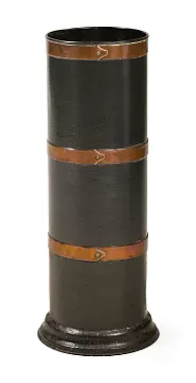 A LACQUERED METAL AND COPPER BOUND CYLINDRICAL STICK STAND, LATE 19TH