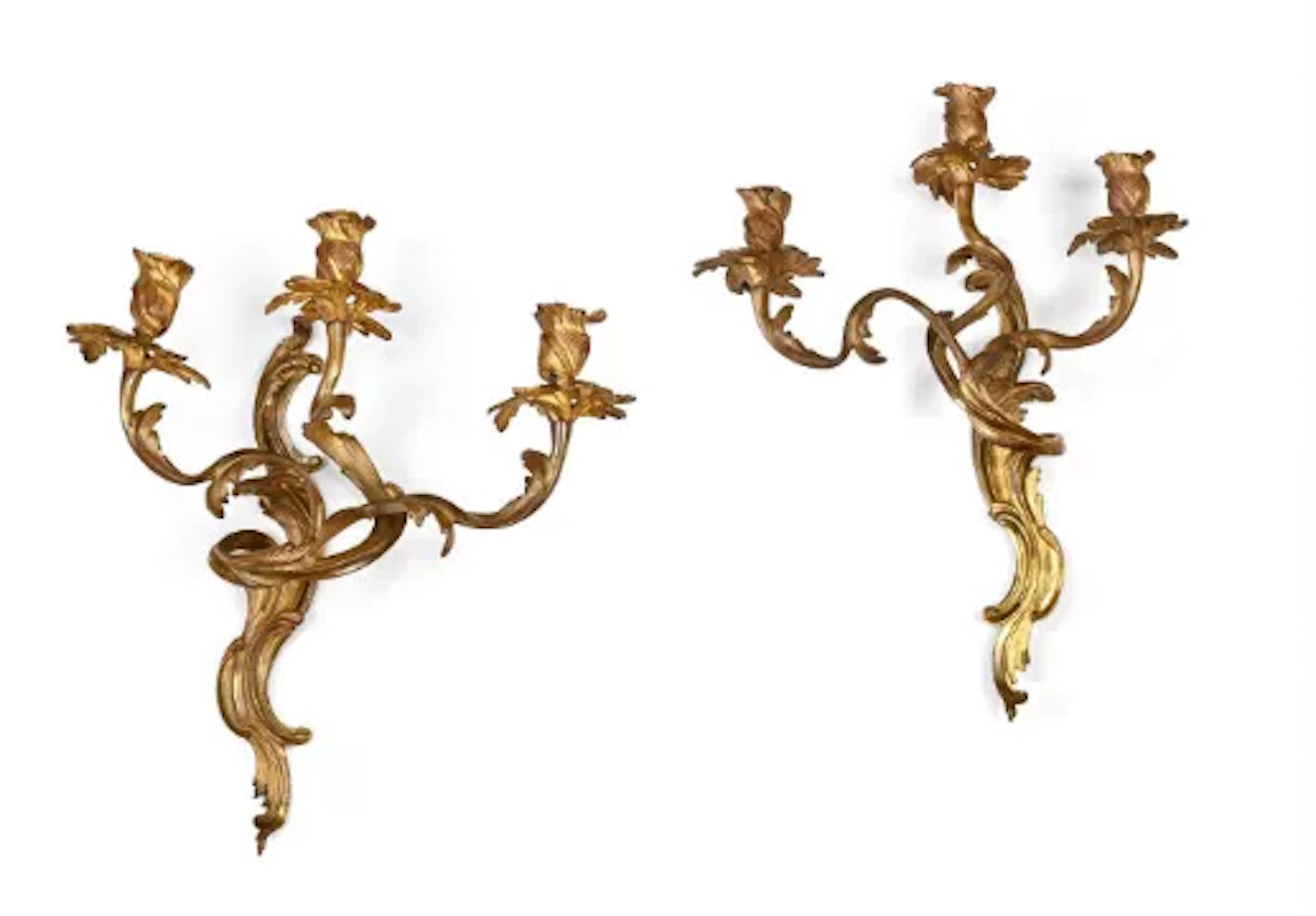 A PAIR OF ORMOLU WALL SCONCES, IN 18TH CENTURY LOUIS XV STYLE, PROBABLY