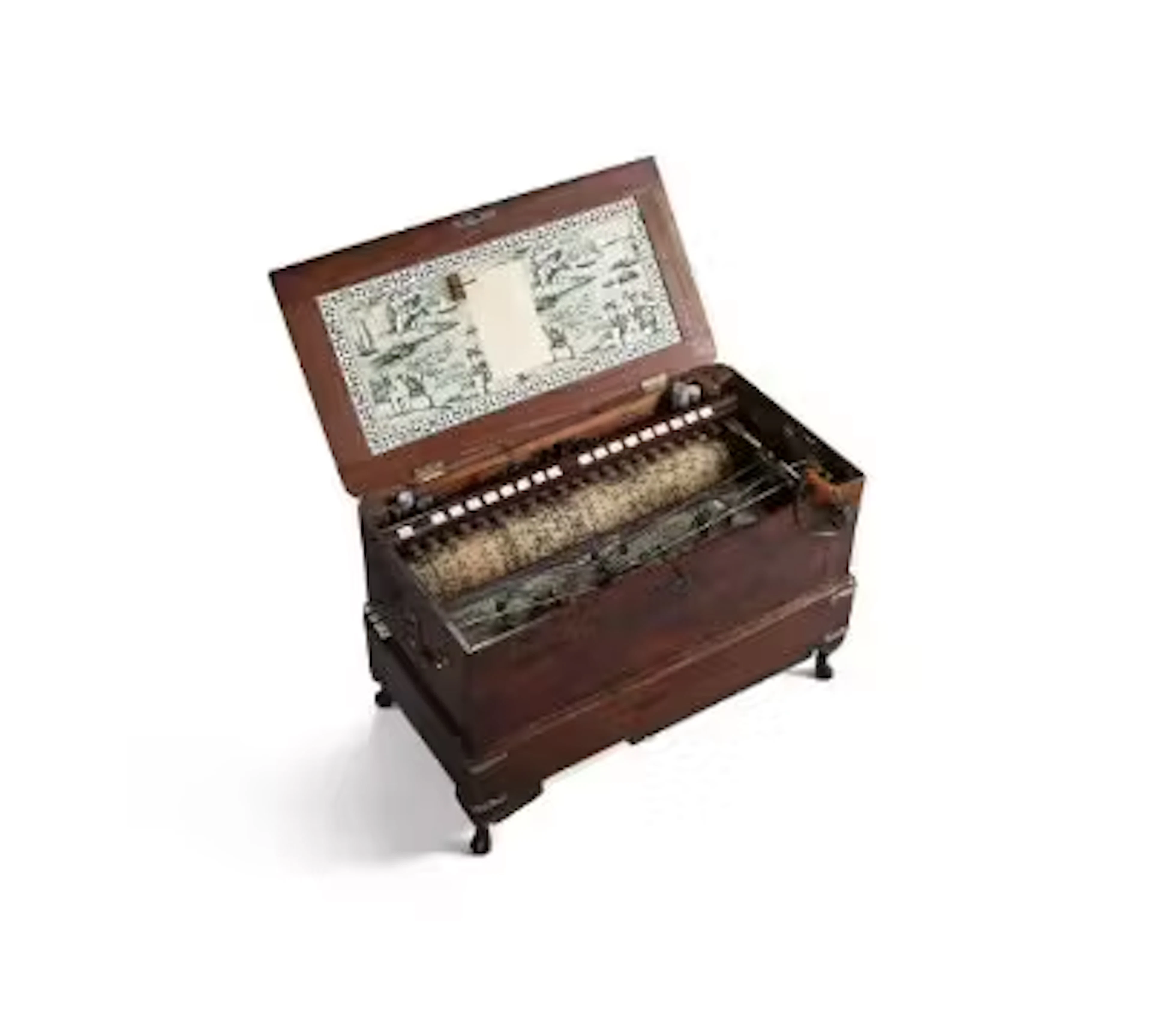 Y A RARE REGENCY BRASS MOUNTED MAHOGANY HAND-CRANKED BARREL ORGAN