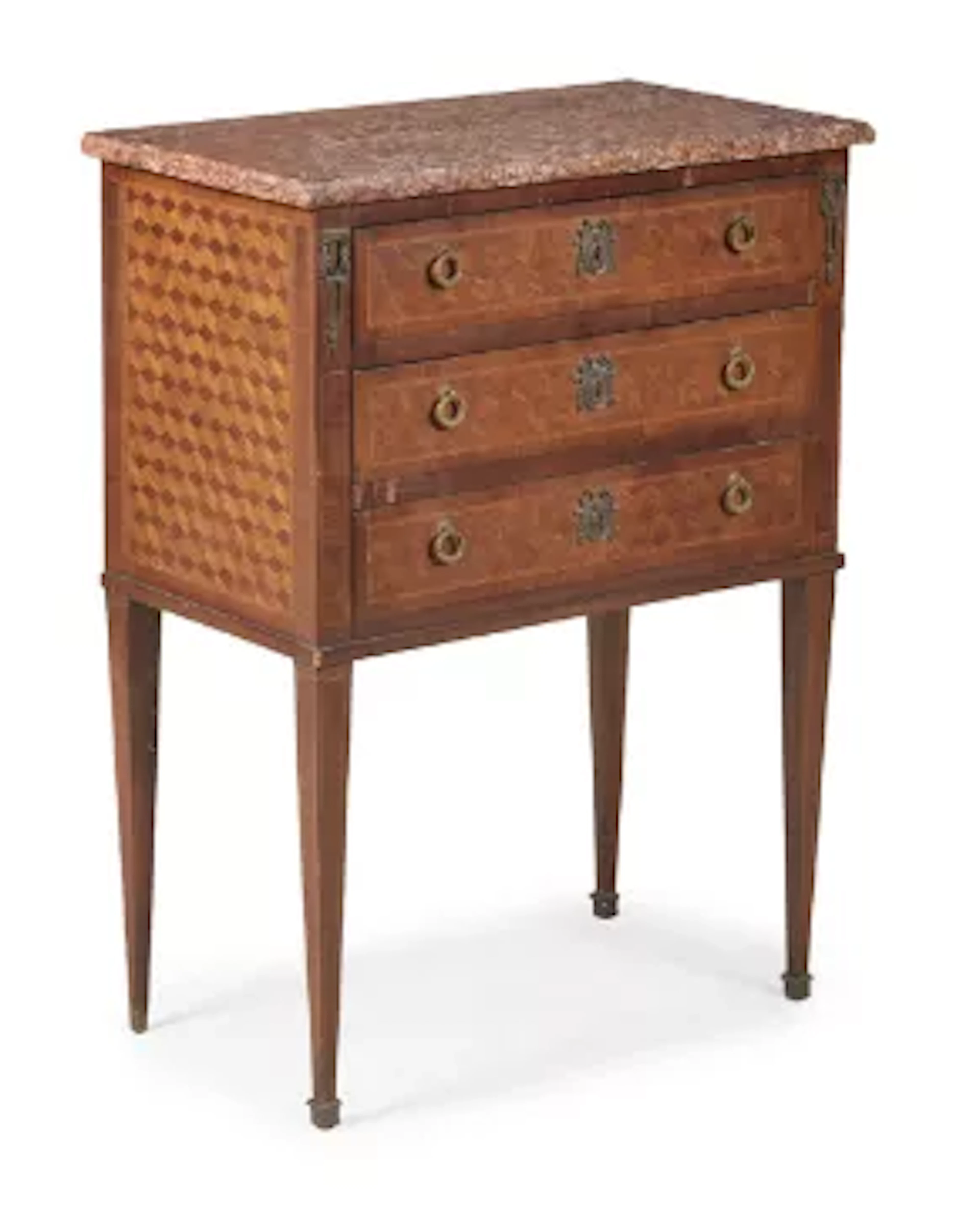 A MARBLE TOPPED WALNUT AND 'TUMBLING CUBE' PARQUETRY PETIT COMMODE