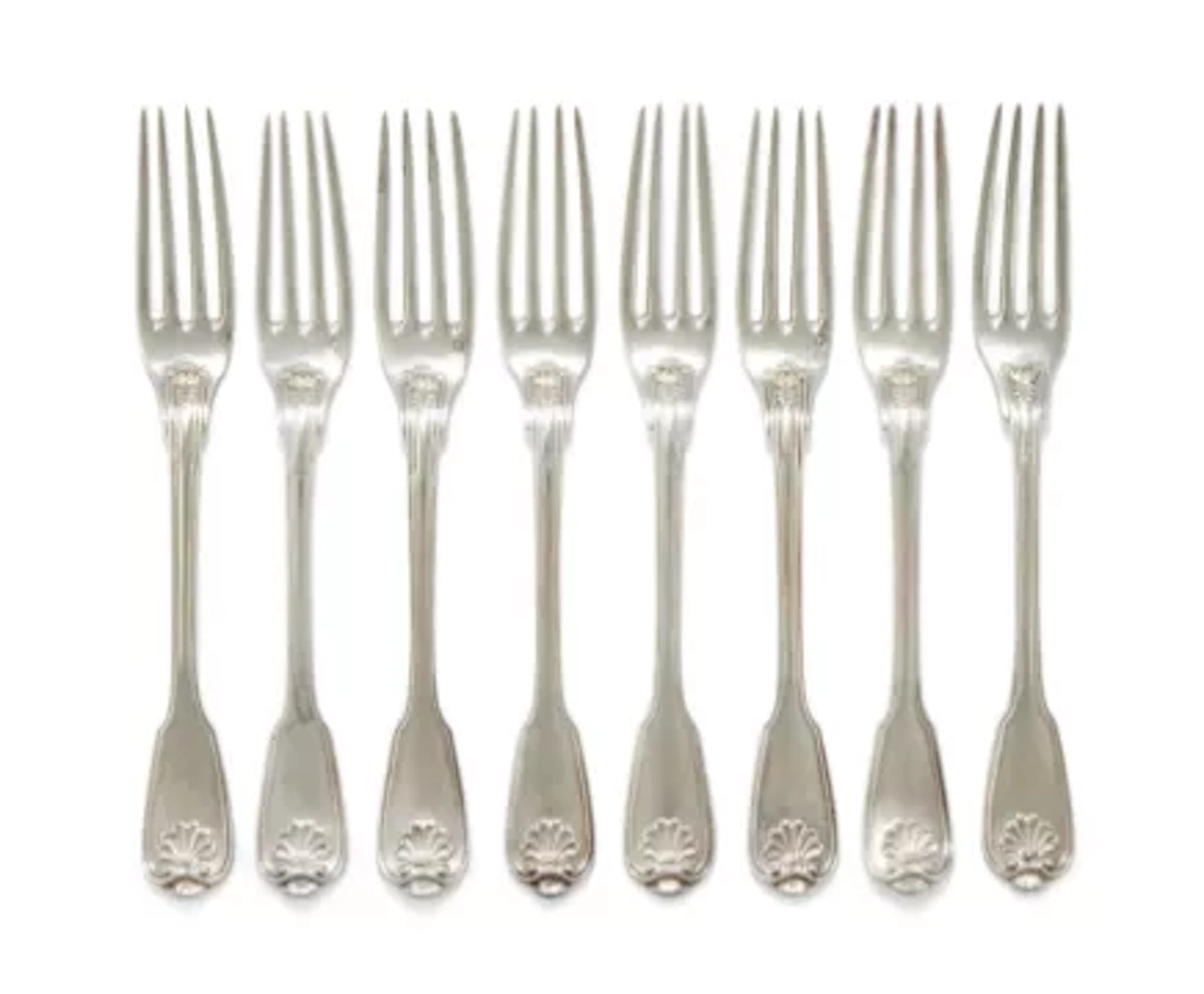 A SET OF EIGHT FRENCH SILVER FIDDLE, SHELL AND THREAD PATTERN DESSERT