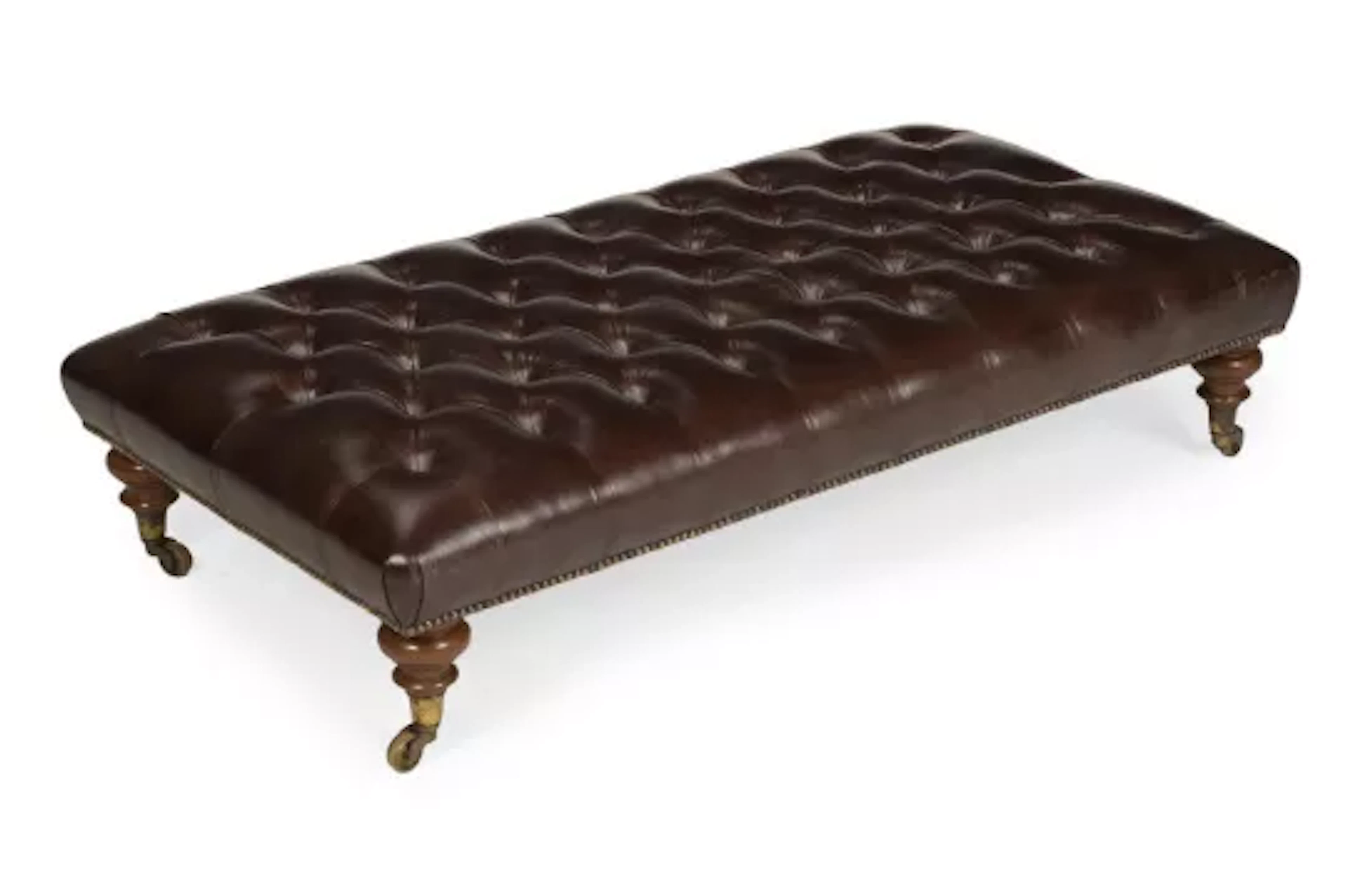 A LARGE VICTORIAN WALNUT AND BUTTONED LEATHER UPHOLSTERED STOOL OR