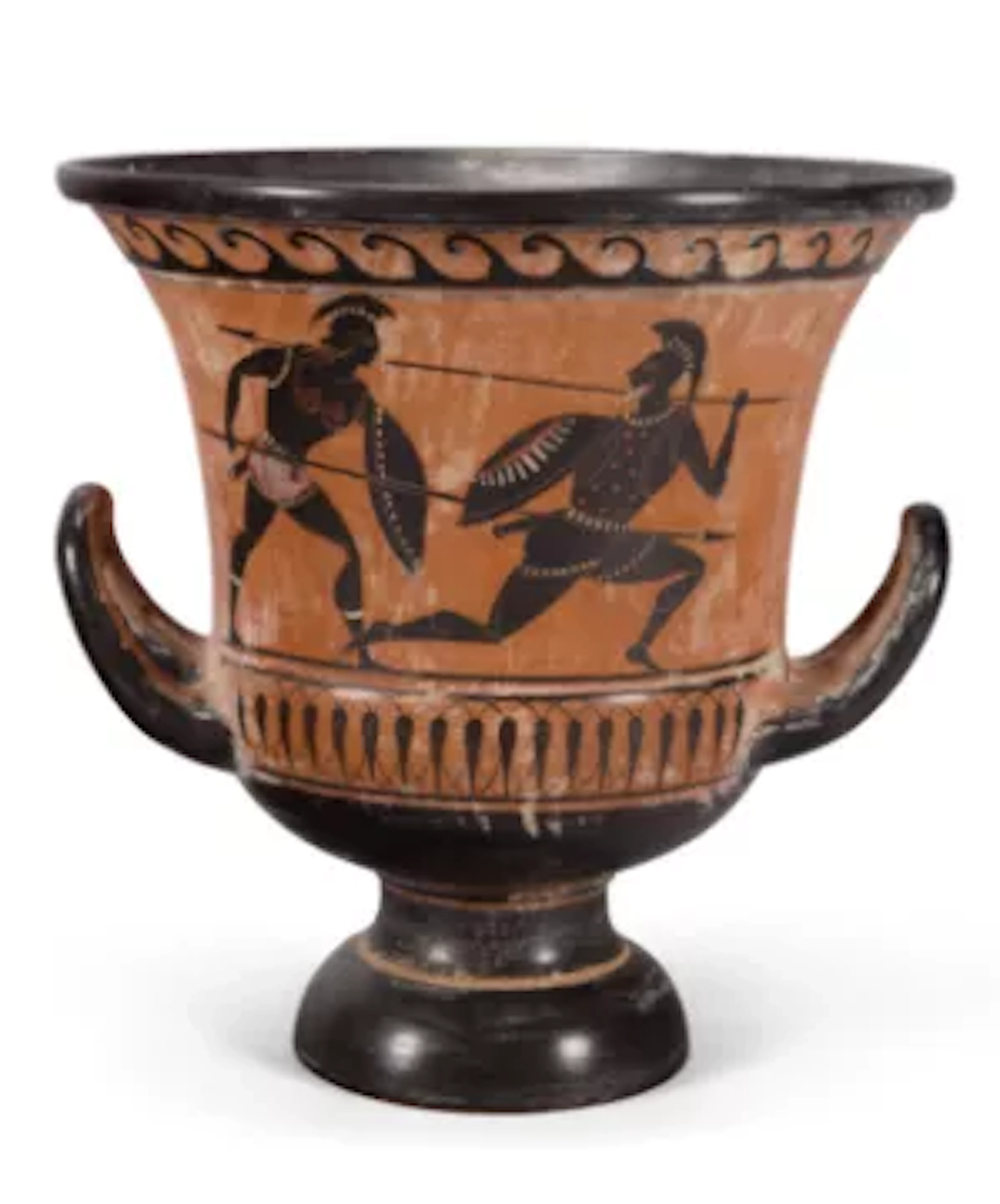 AFTER THE ANTIQUE, A PAINTED TERRACOTTA BLACK FIGURE CALYX KRATER