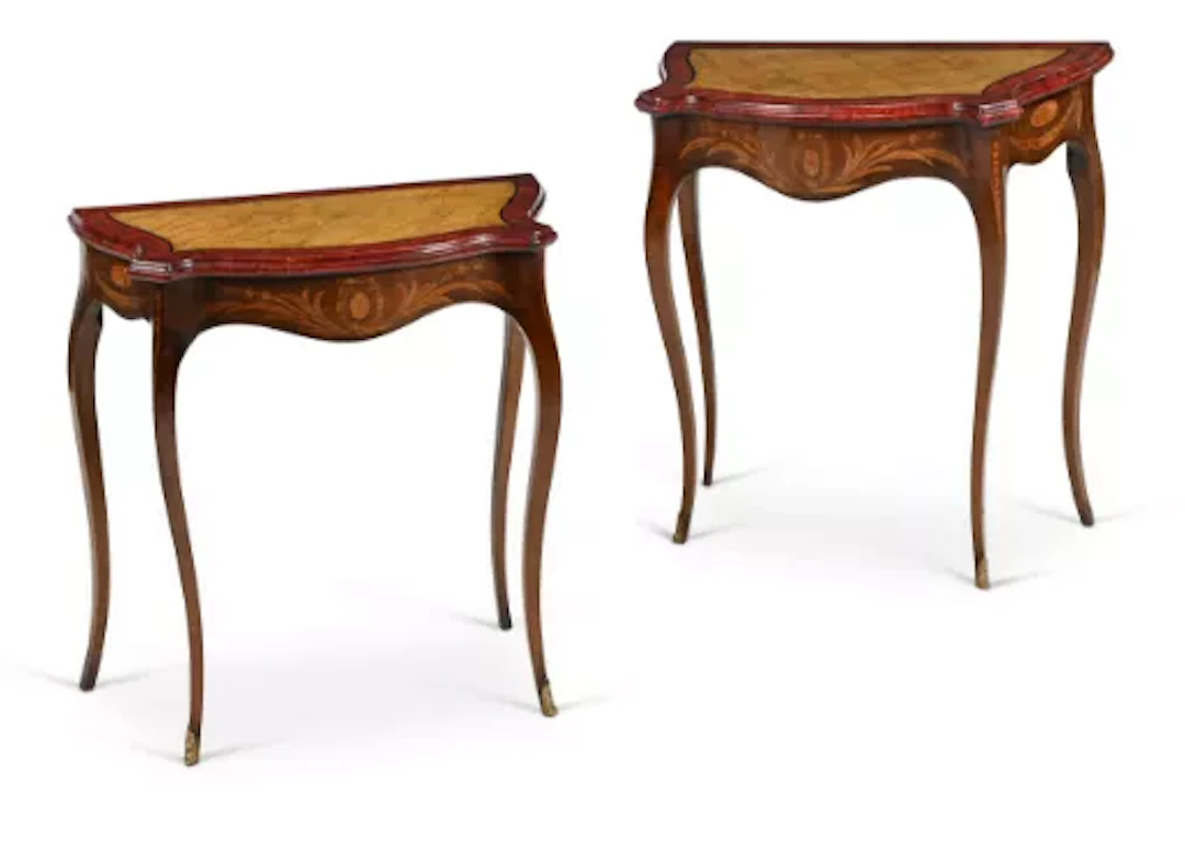 AN UNUSUAL PAIR OF MAHOGANY, MARQUETRY AND SIMULATED MARBLE SIDE TABLES