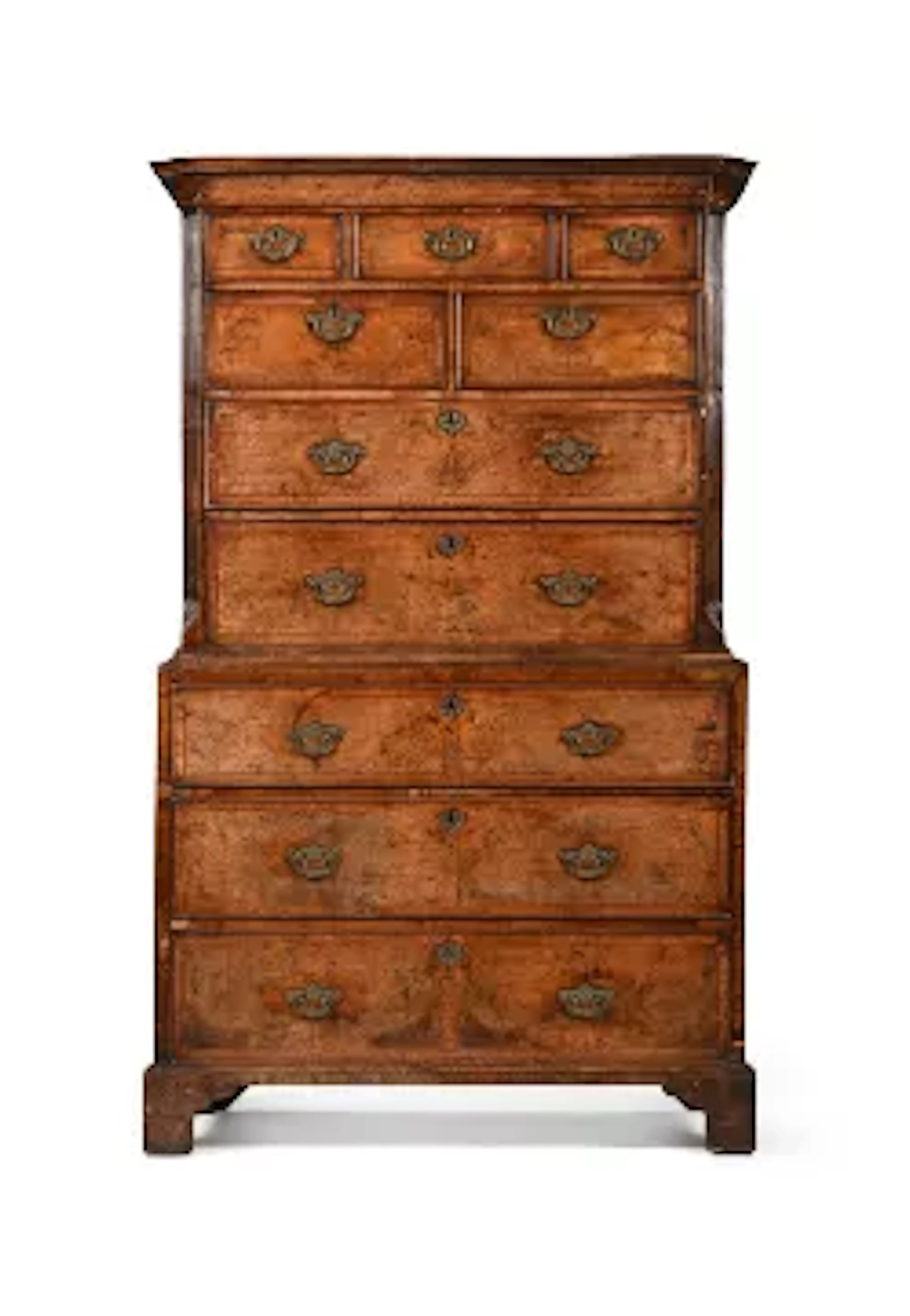 A GEORGE II BURR WALNUT AND FEATHERBANDED CHEST ON CHEST, CIRCA 1730