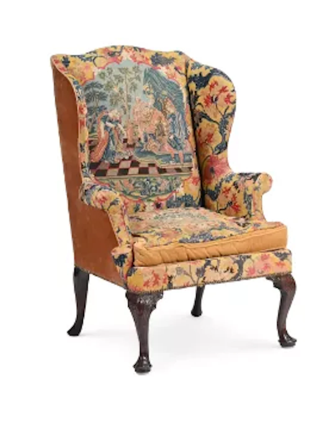 A RARE IRISH GEORGE II MAHOGANY AND NEEDLEWORK WING ARMCHAIR, CIRCA 1730
