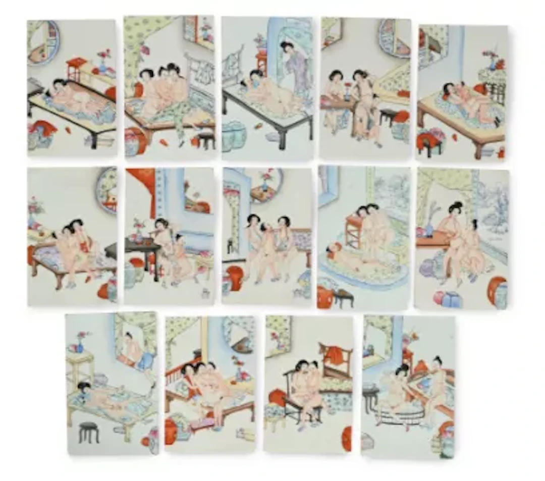 A set of fourteen Chinese Erotic tiles, Republican Period, circa 1910-1929