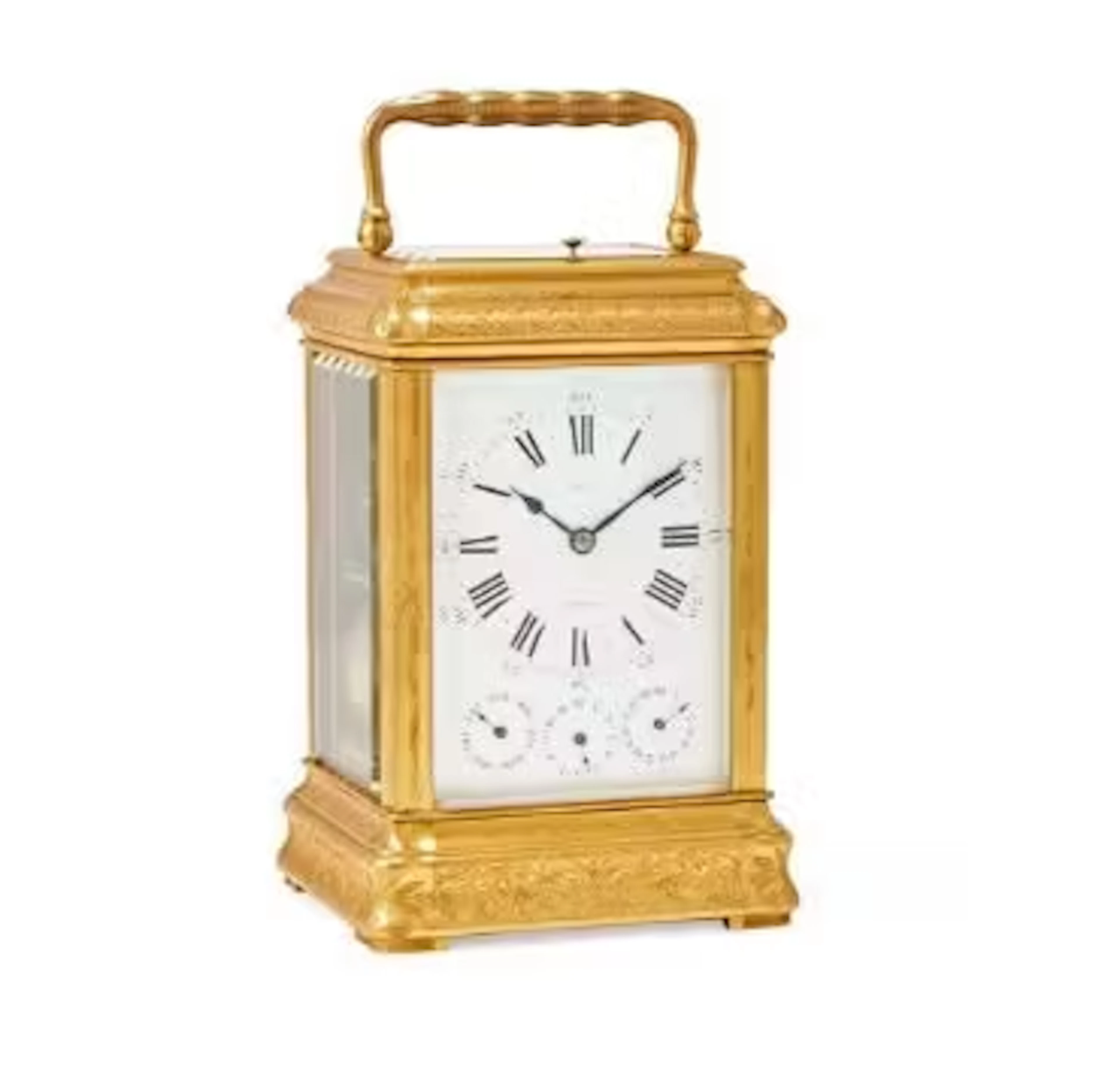 A FINE FRENCH GIANT ENGRAVED GILT GORGE CASED GRANDE-SONNERIE ALARM