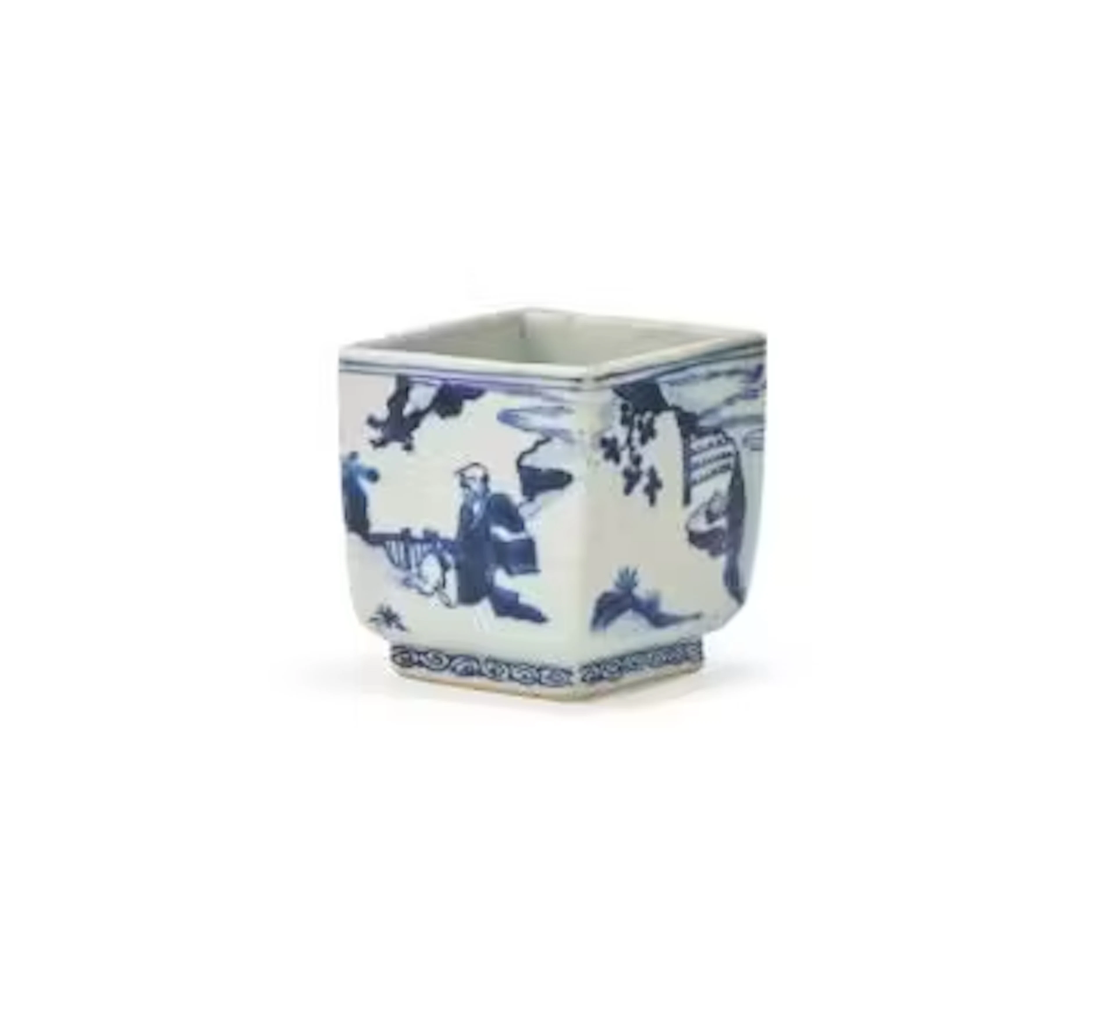 A Chinese blue and white square jar with wood box