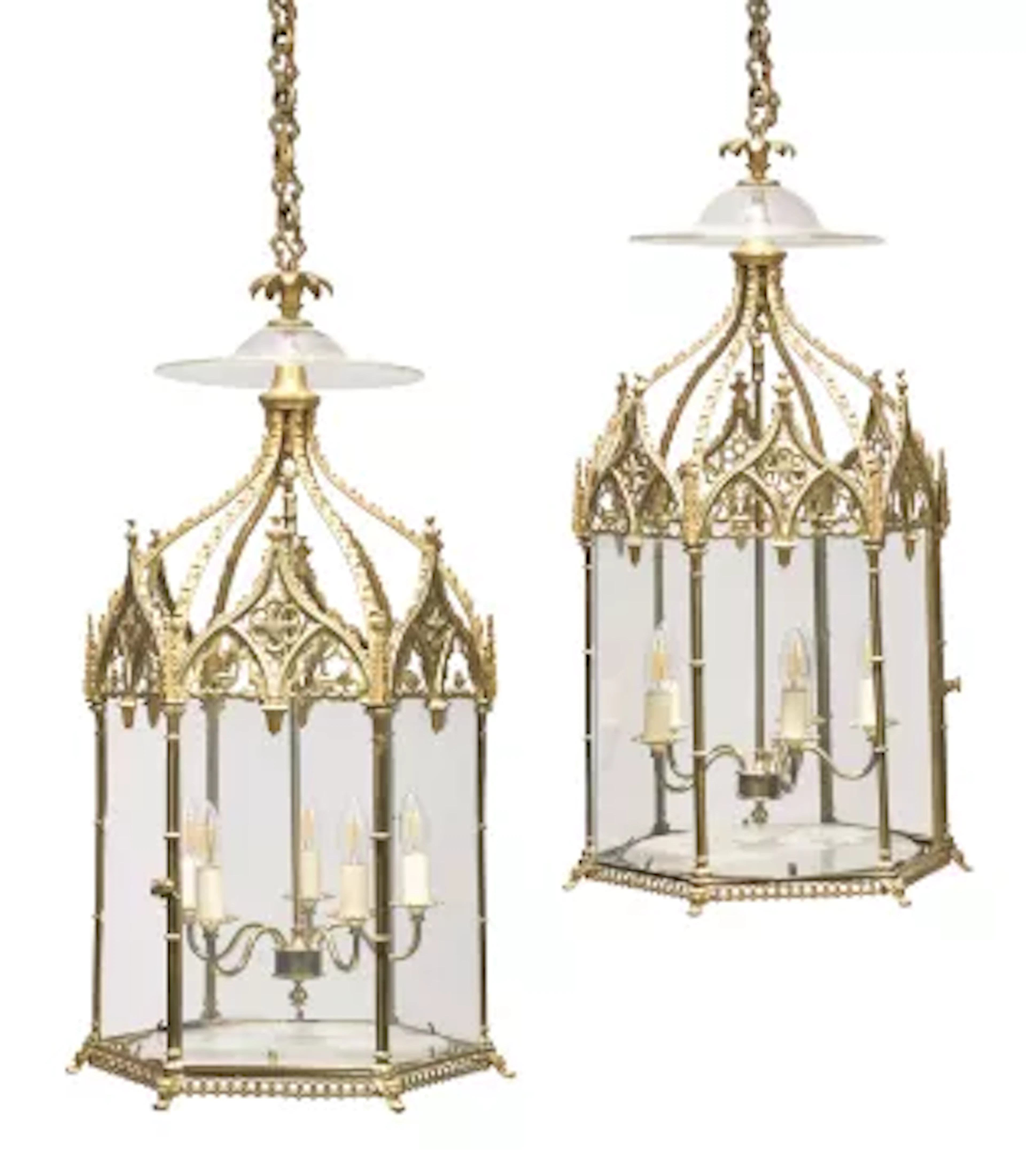 A PAIR OF GILT BRONZE GOTHIC HEXAGONAL HALL LANTERNS, 19TH CENTURY
