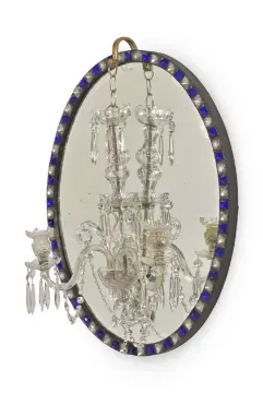 A BLUE AND WHITE BEADED GLASS OVAL MIRROR WITH A CUT GLASS TWO LIGHT CHANDELIER