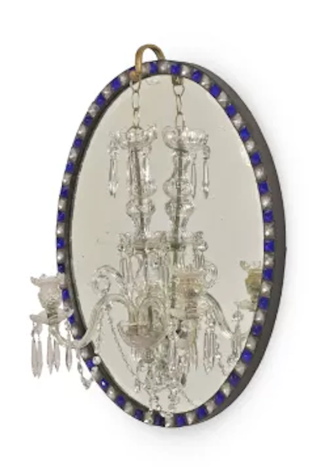 A BLUE AND WHITE BEADED GLASS OVAL MIRROR WITH A CUT GLASS TWO LIGHT CHANDELIER